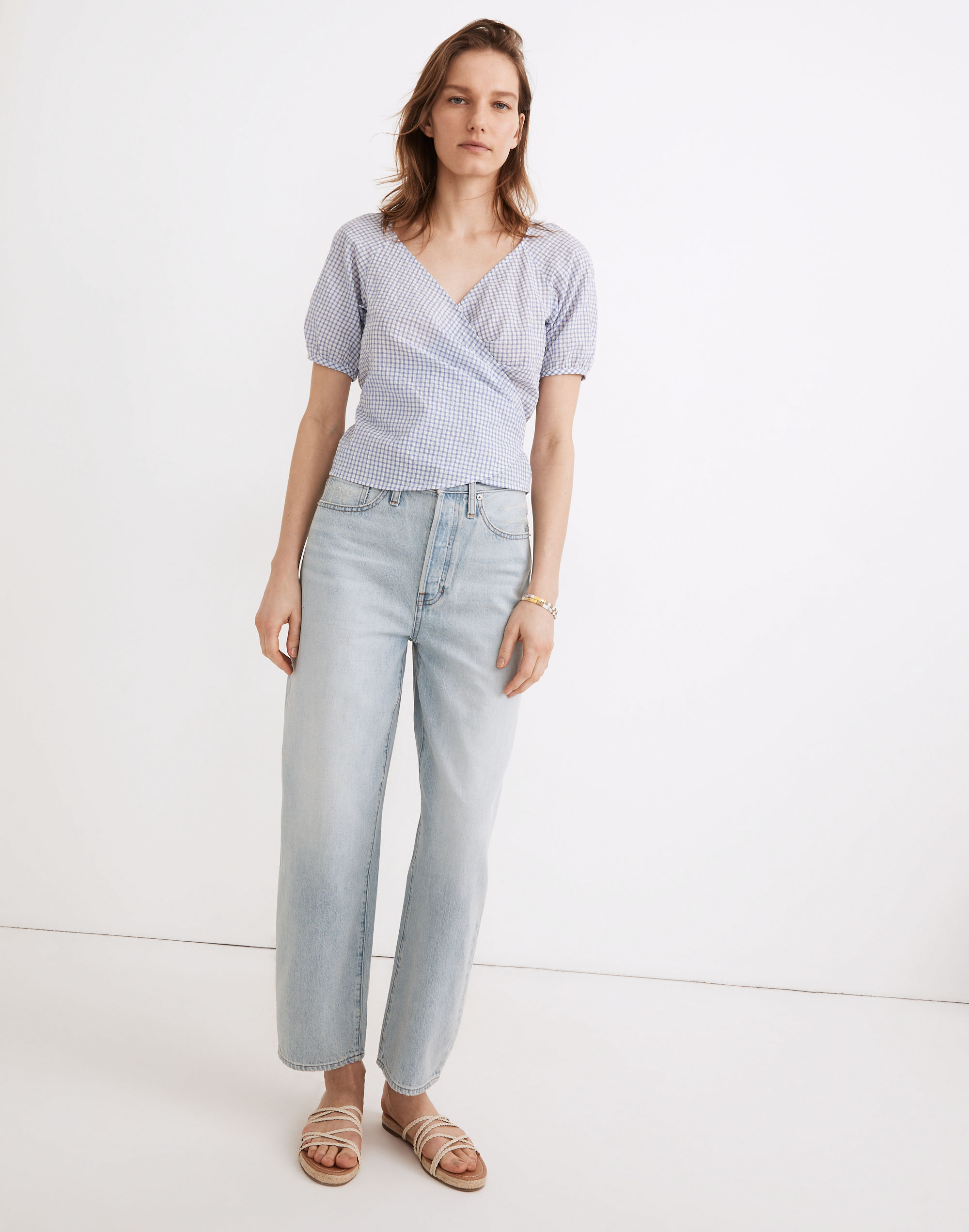 gingham seersucker puff-sleeve wrap crop top