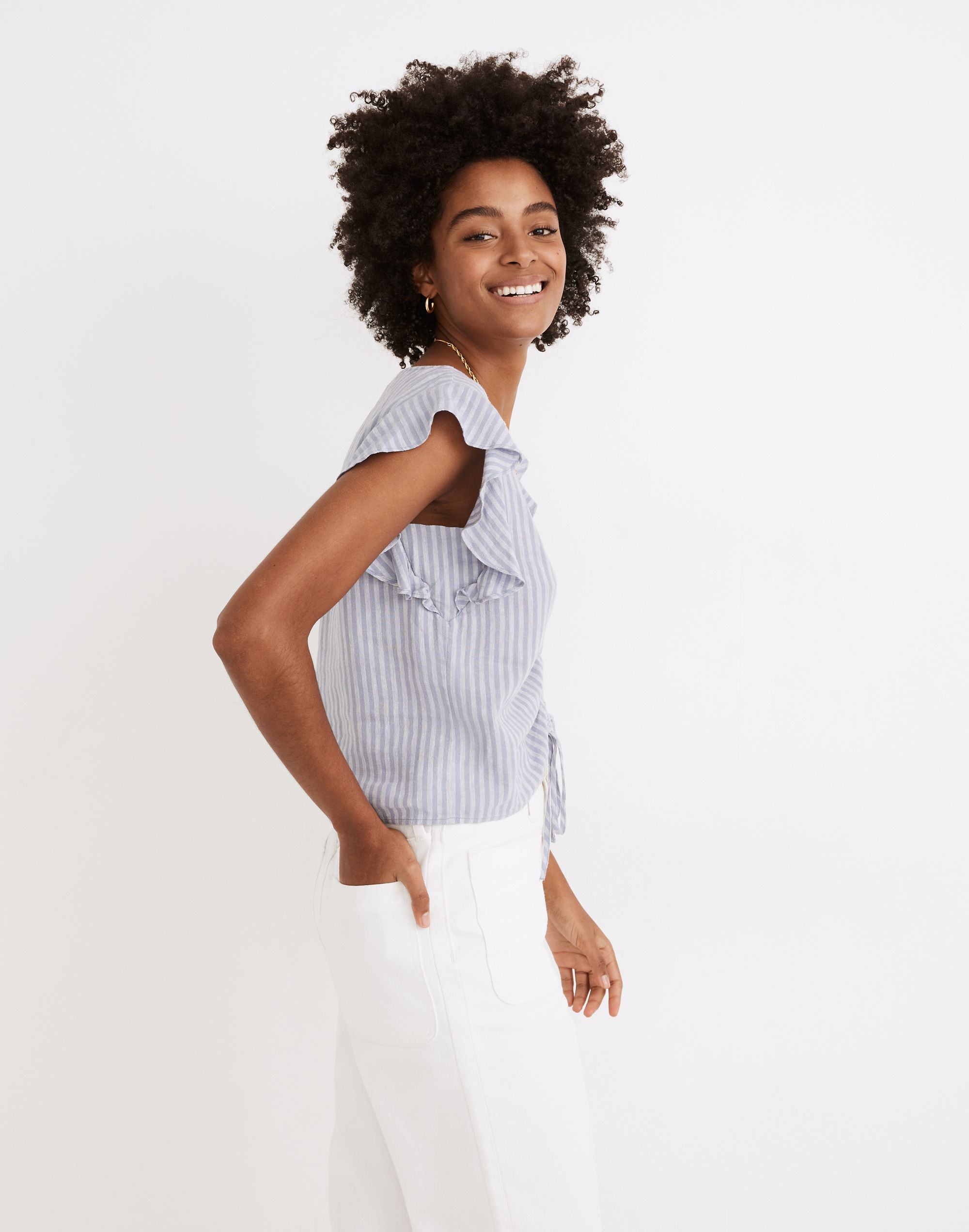 Linen-Blend Ruffle-Sleeve Drawstring Crop Top in Stripe