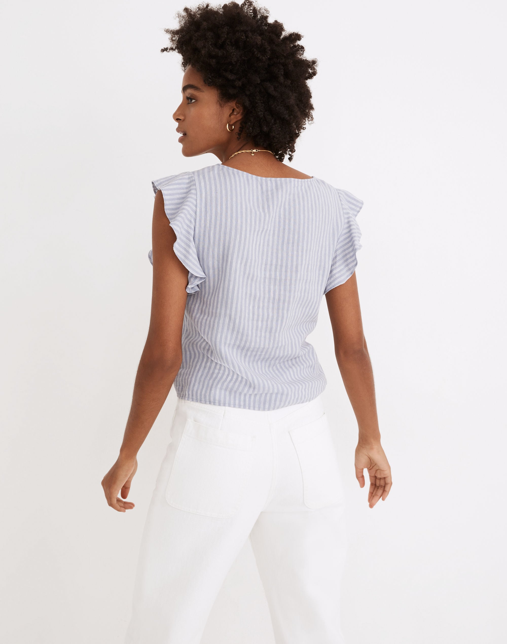 Linen-Blend Ruffle-Sleeve Drawstring Crop Top in Stripe