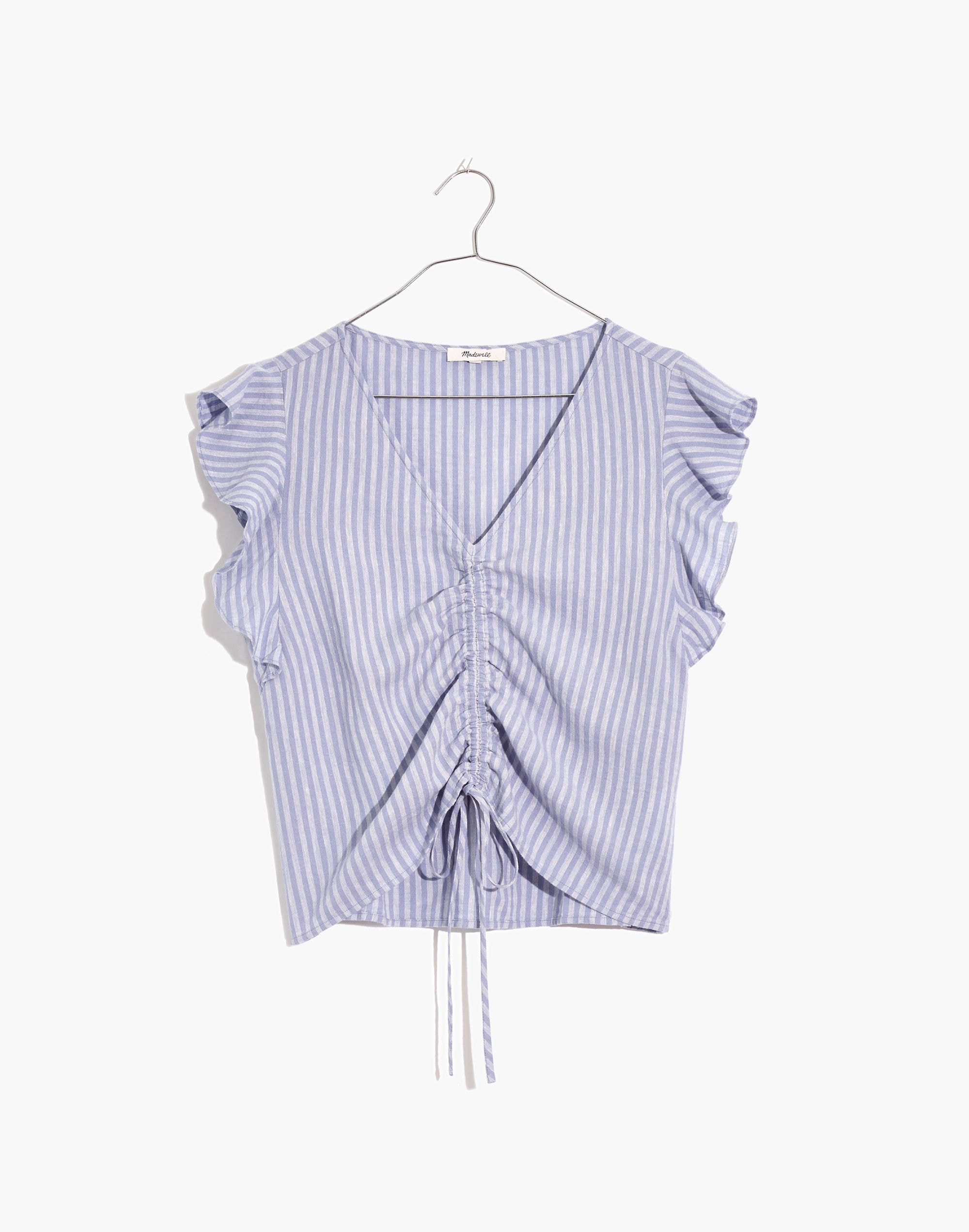 Linen-Blend Ruffle-Sleeve Drawstring Crop Top in Stripe