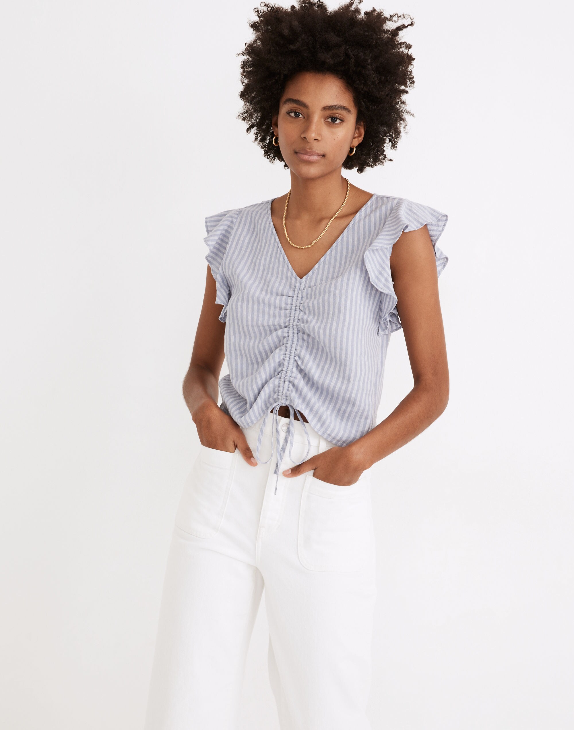 Linen-Blend Ruffle-Sleeve Drawstring Crop Top in Stripe