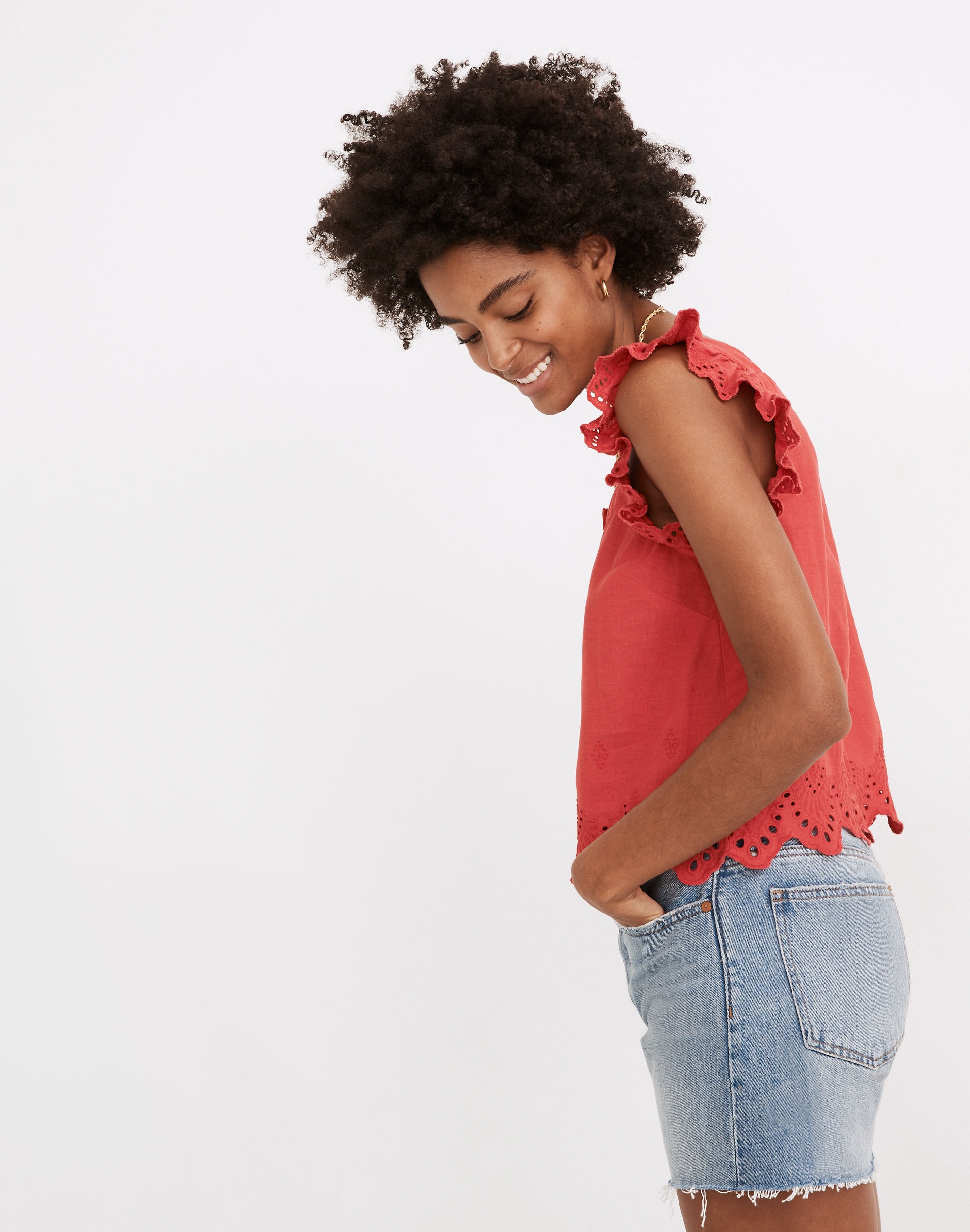 Eyelet Ruffle-Strap Button-Up Tank Top