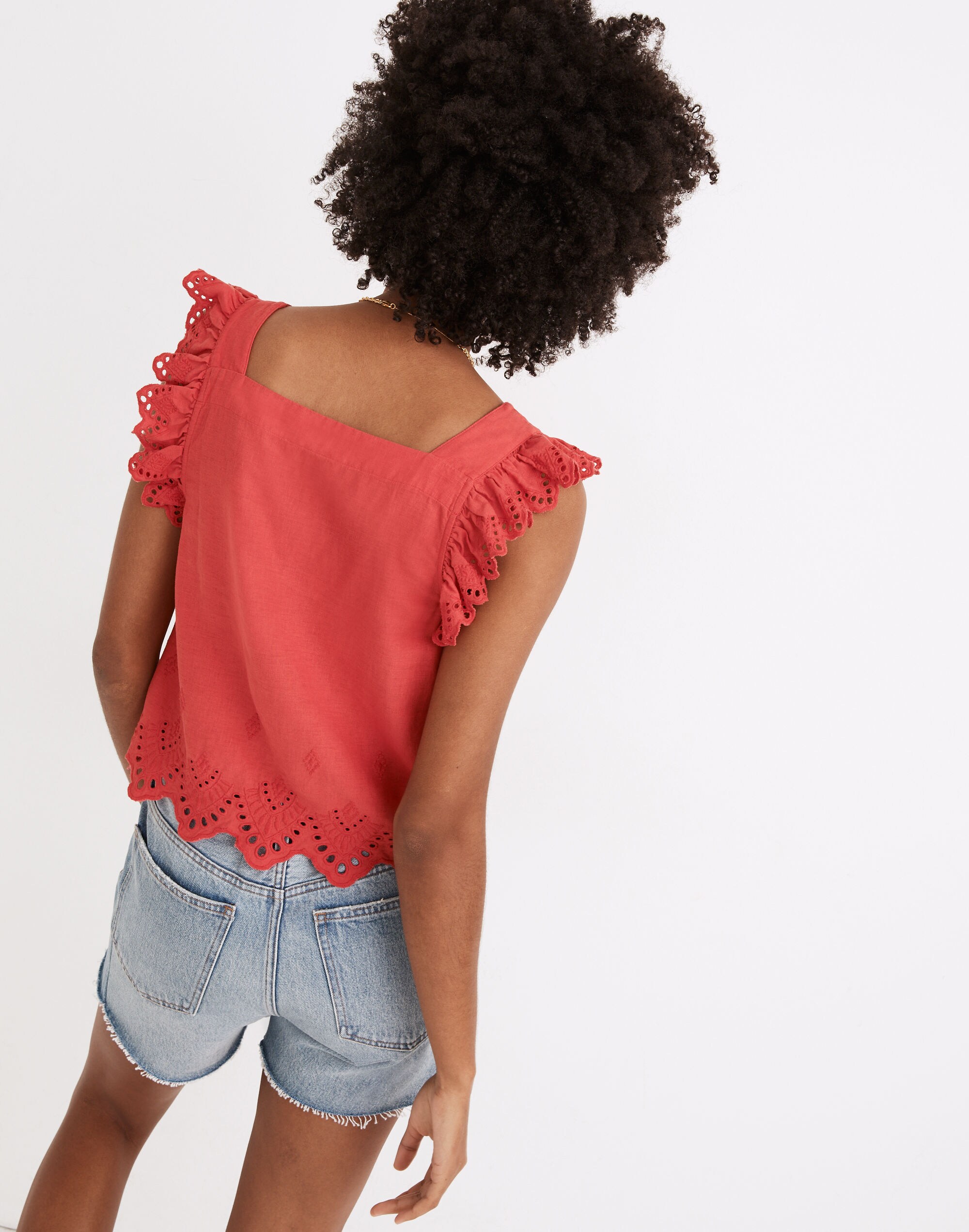 Eyelet Ruffle-Strap Button-Up Tank Top