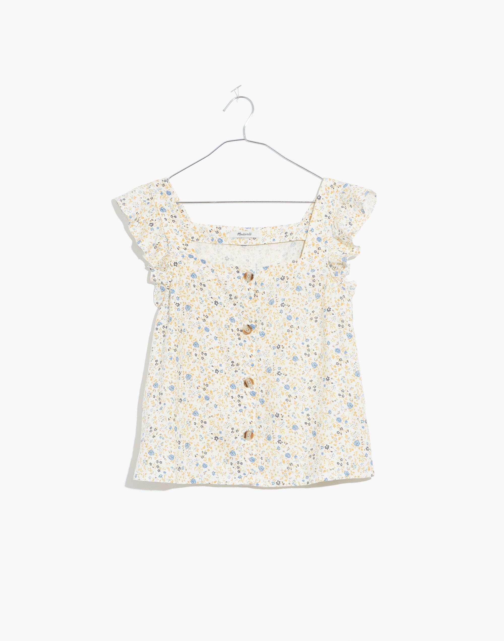 Linen-Blend Ruffle-Strap Button-Up Tank Top in Folkmagic Floral
