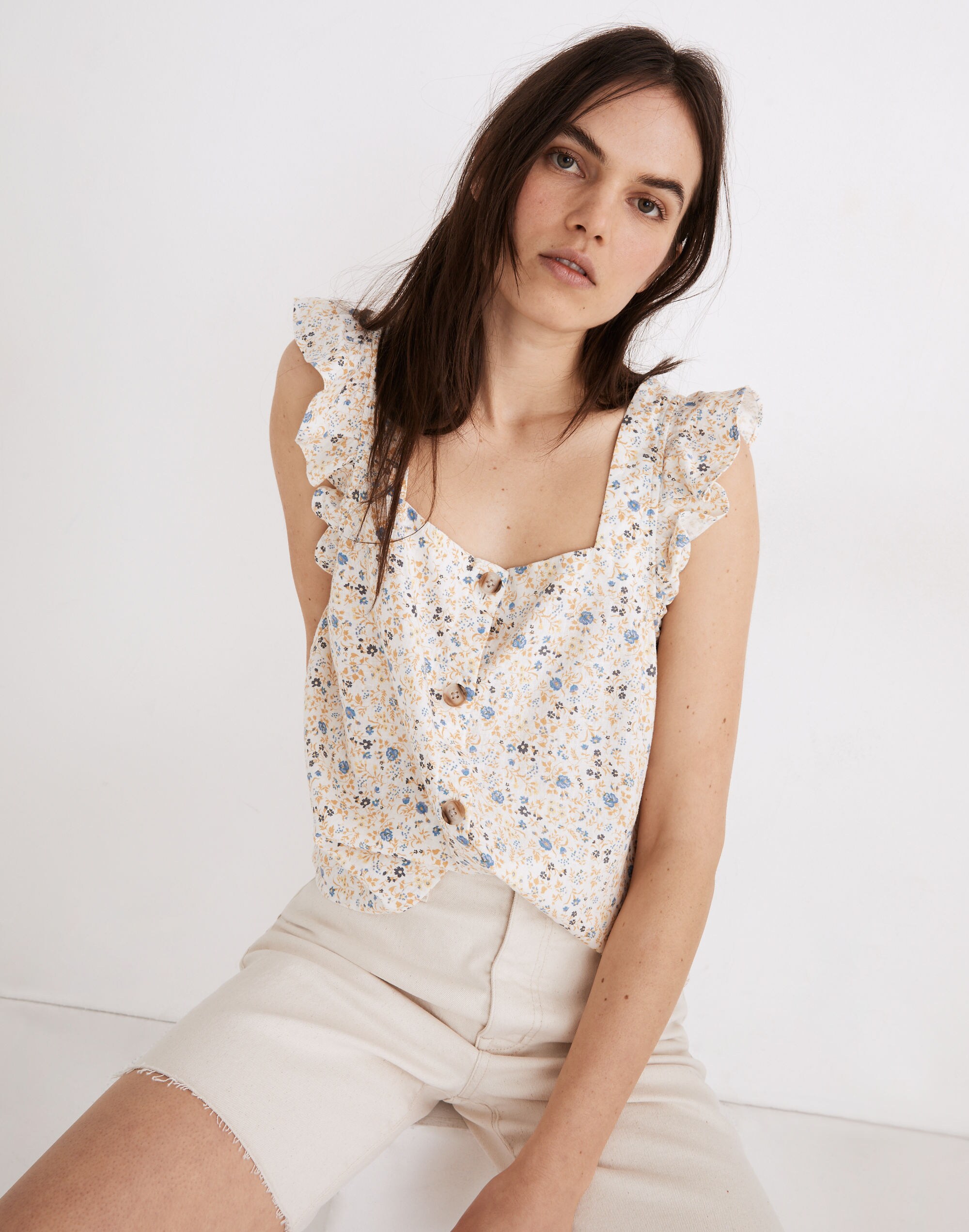 Linen-Blend Ruffle-Strap Button-Up Tank Top in Folkmagic Floral