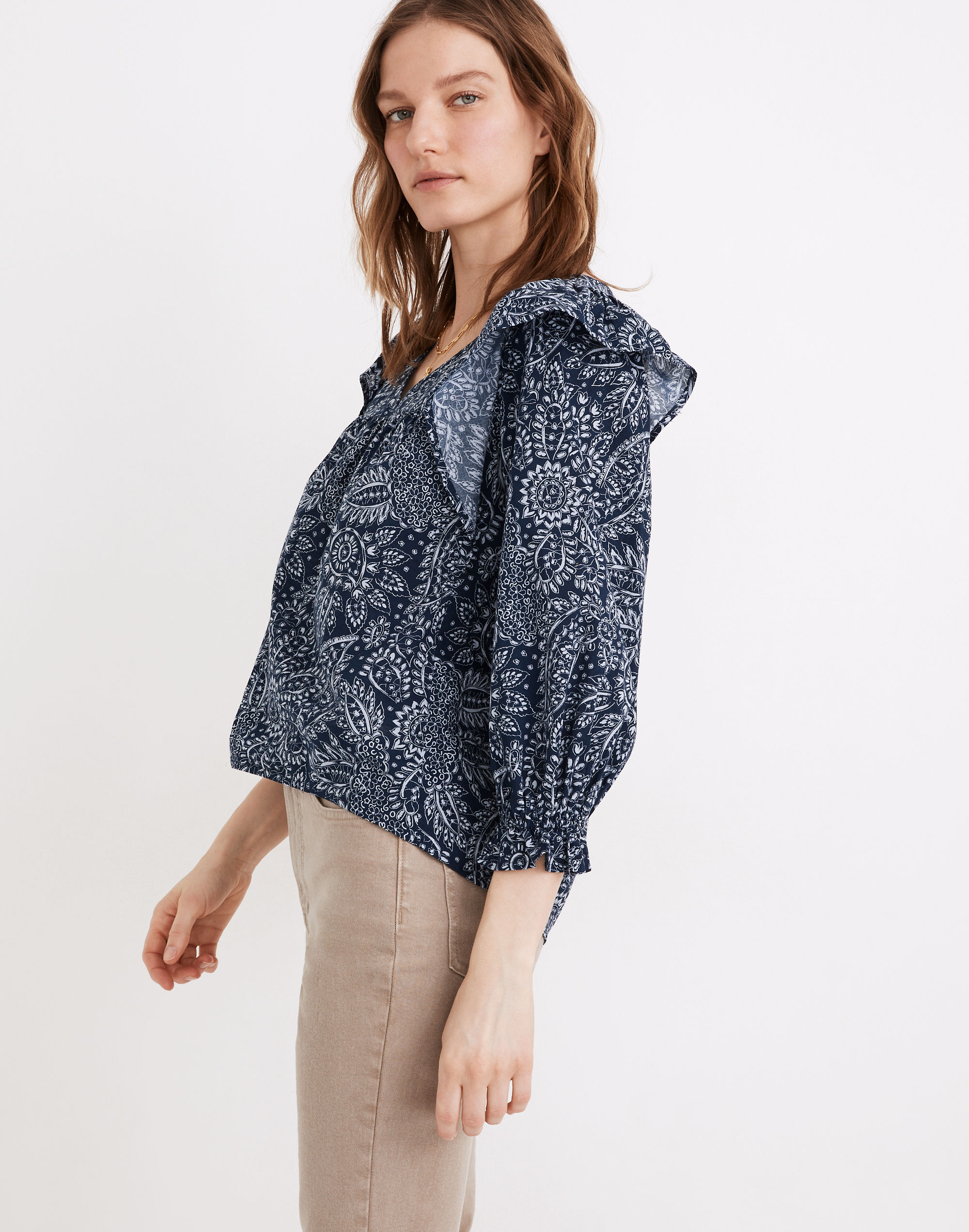 V-Neck Ruffle-Shoulder Top in Paisley Garden