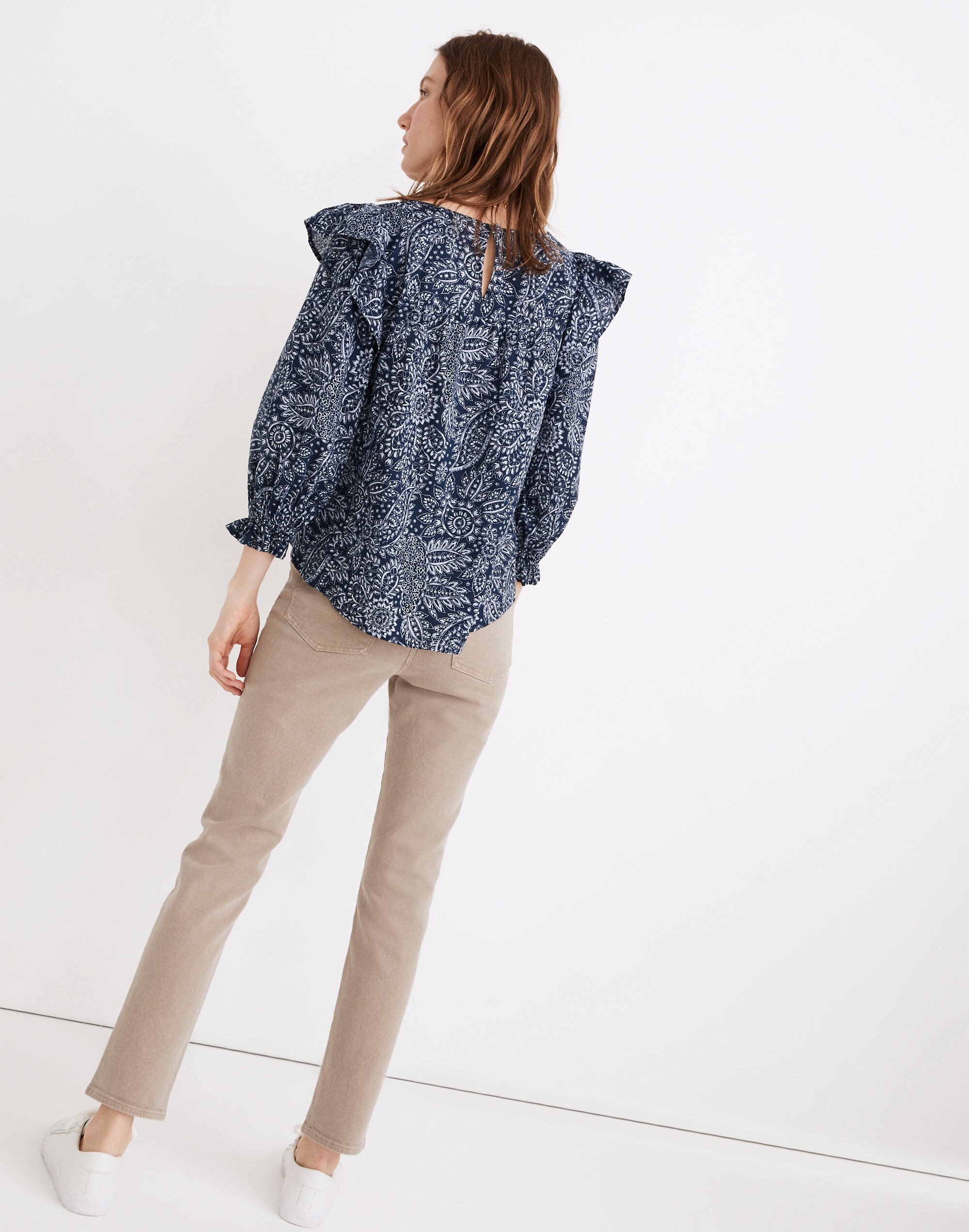 V-Neck Ruffle-Shoulder Top in Paisley Garden