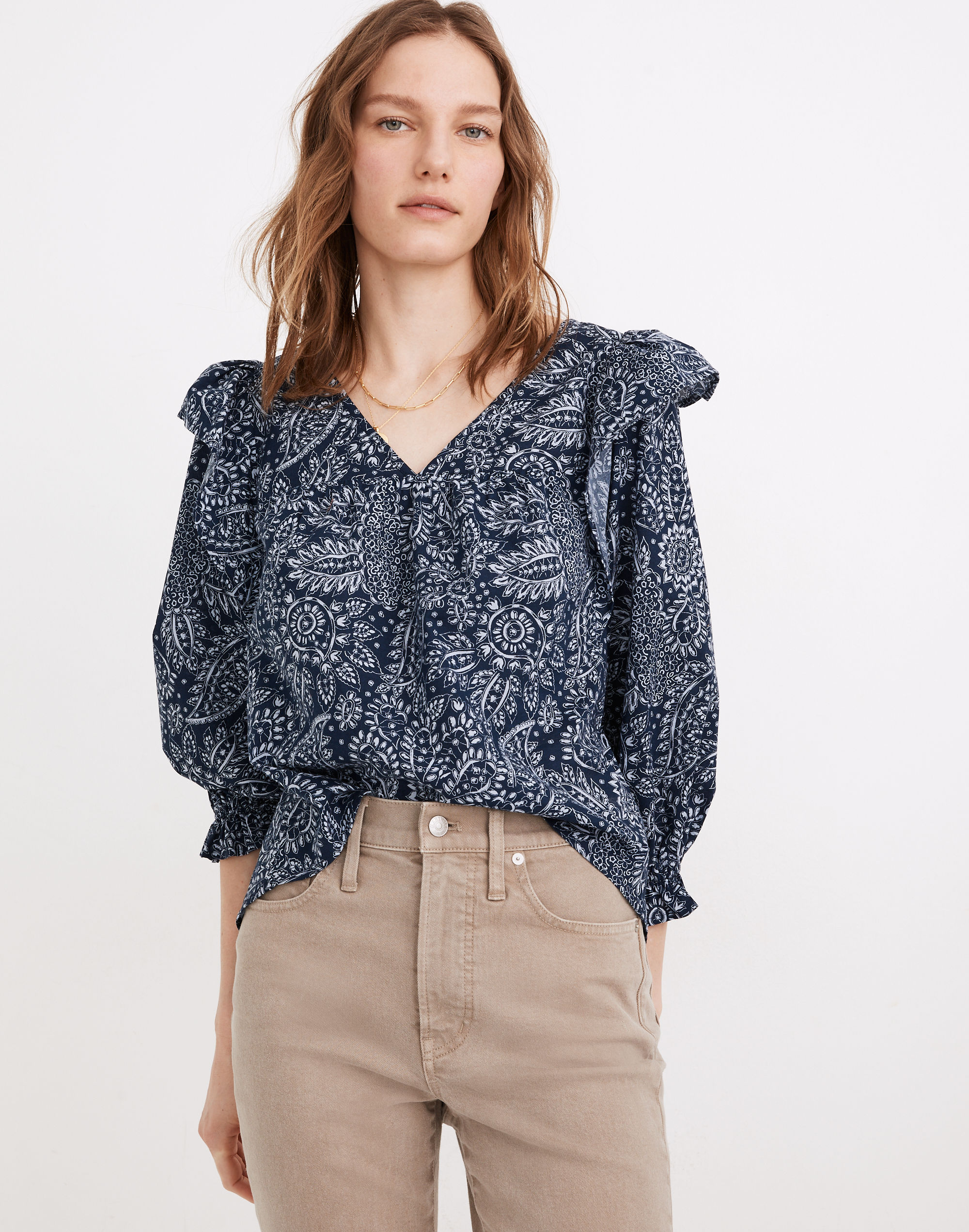 v-neck ruffle-shoulder top in paisley garden