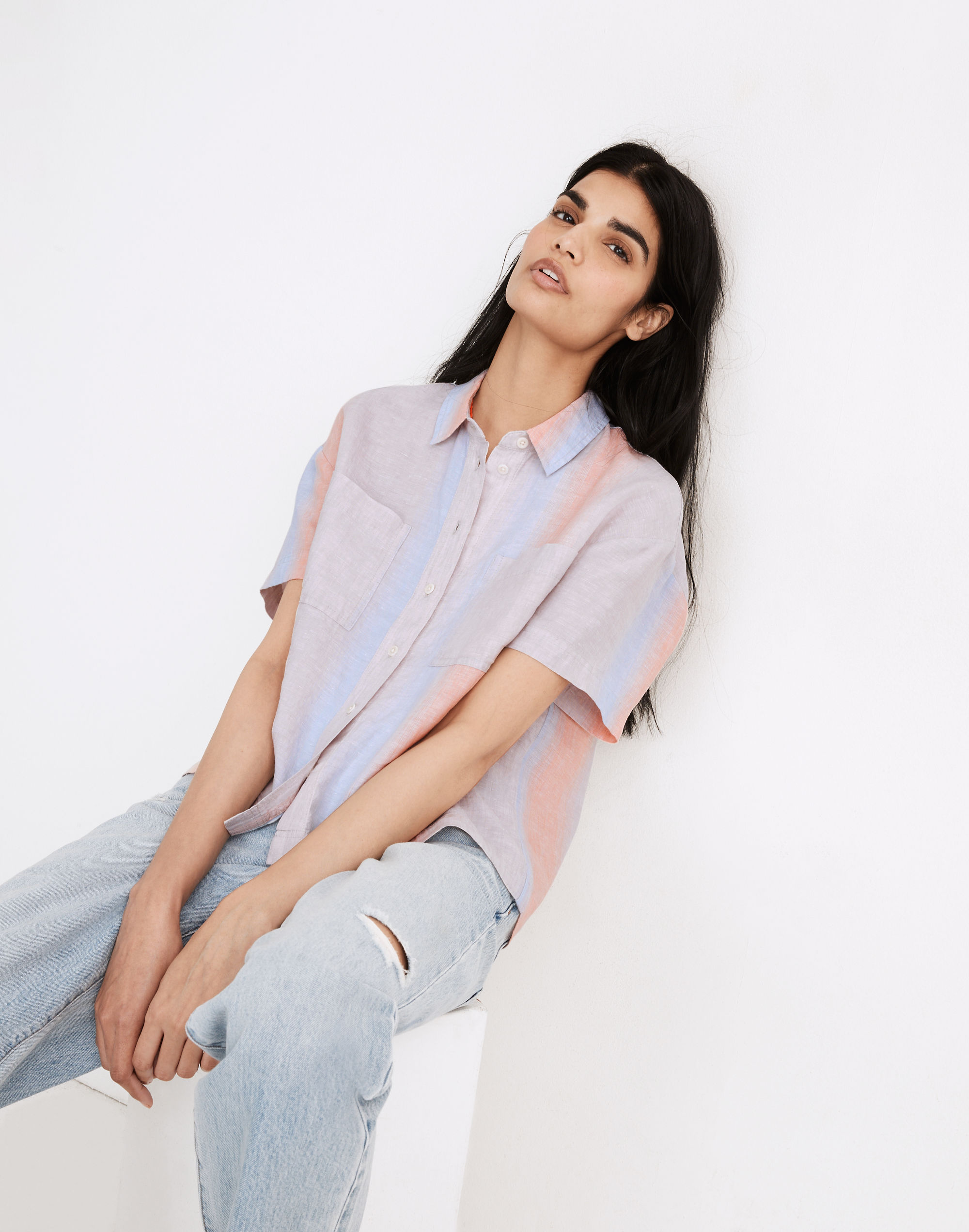 Linen Beachside Shirt in Ombr&eacute; Stripe