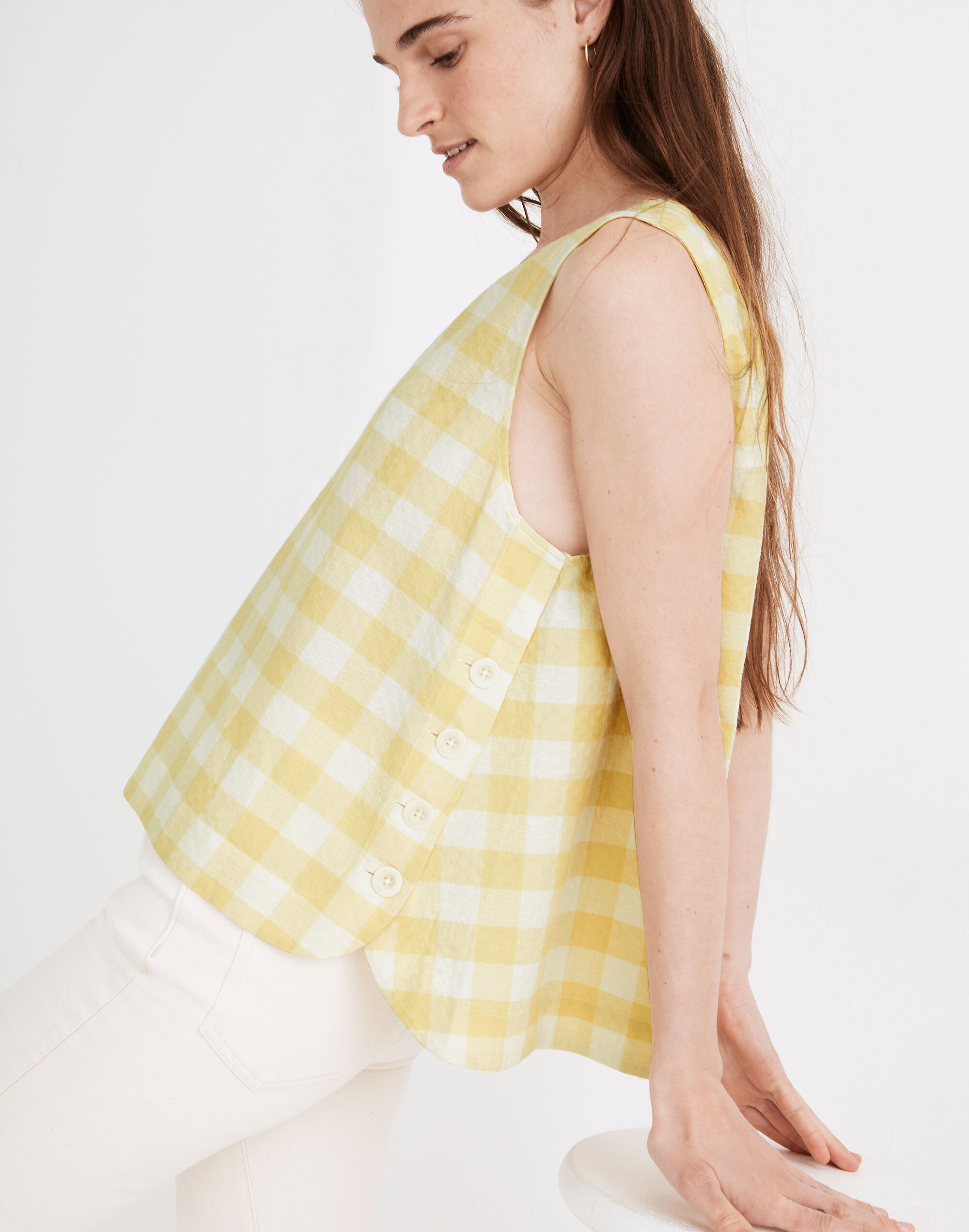 Side-Button Tank Top in Gingham Check