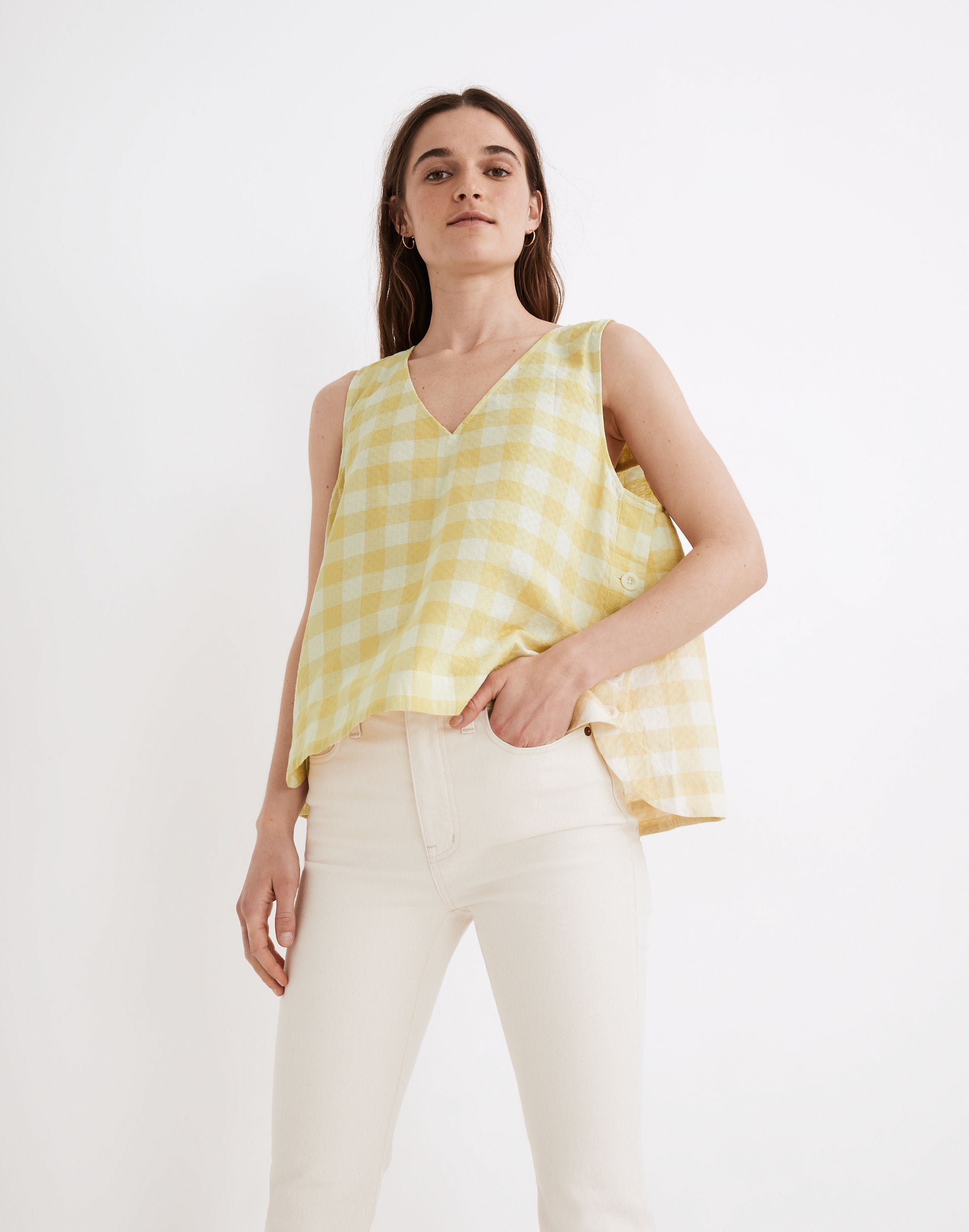 side-button tank top in gingham check