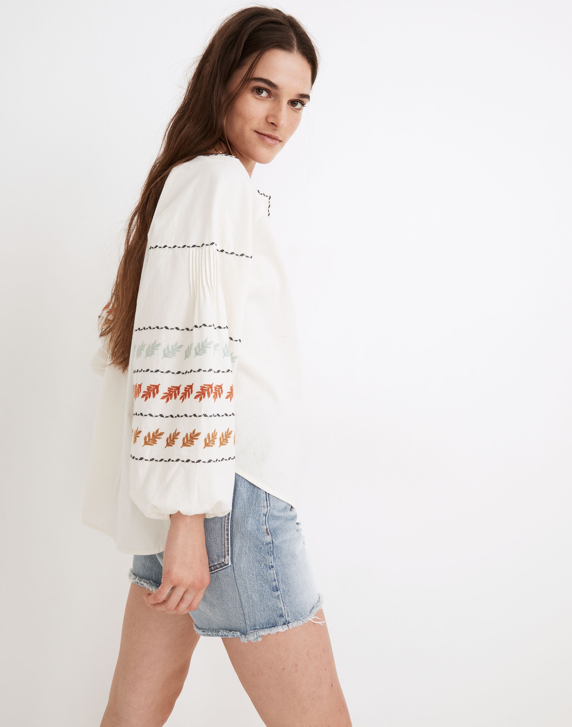 Embroidered-Sleeve Popover Top