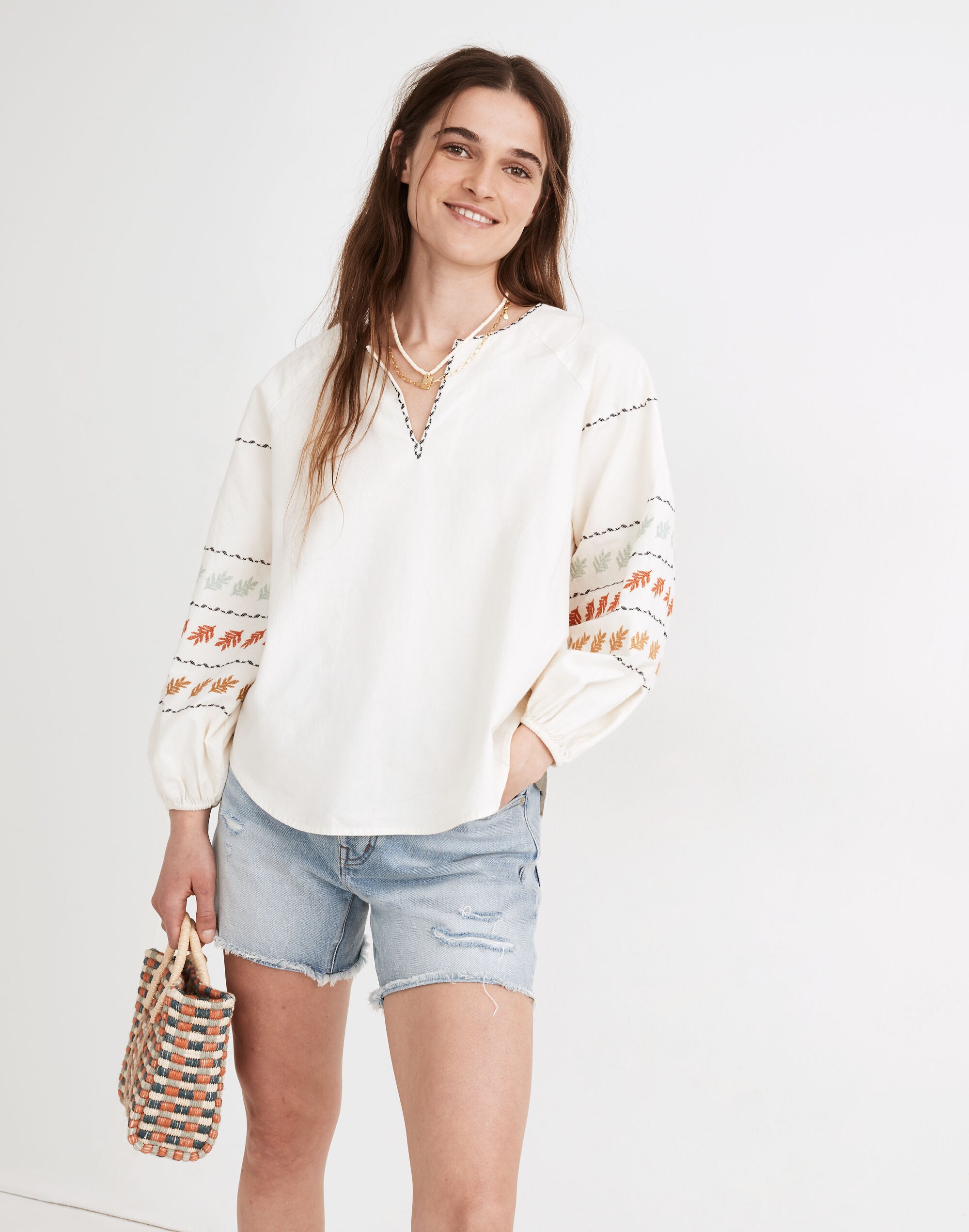 Embroidered-Sleeve Popover Top