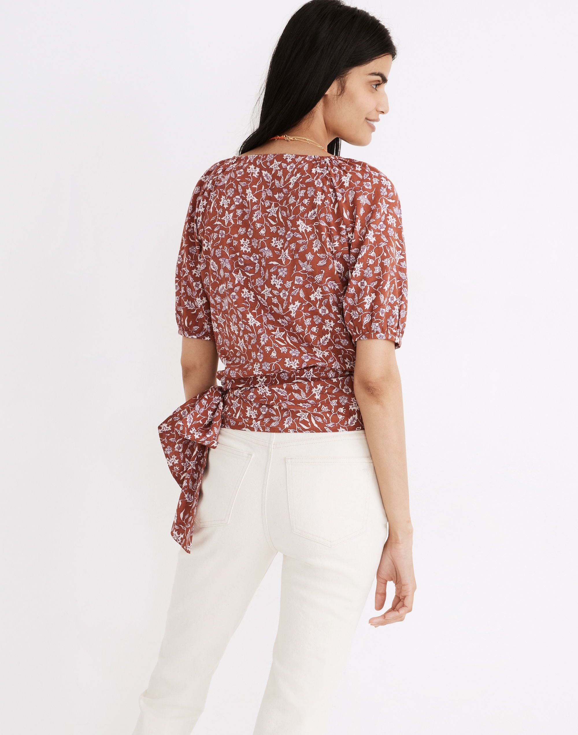 Puff-Sleeve Wrap Crop Top in Batik Vine