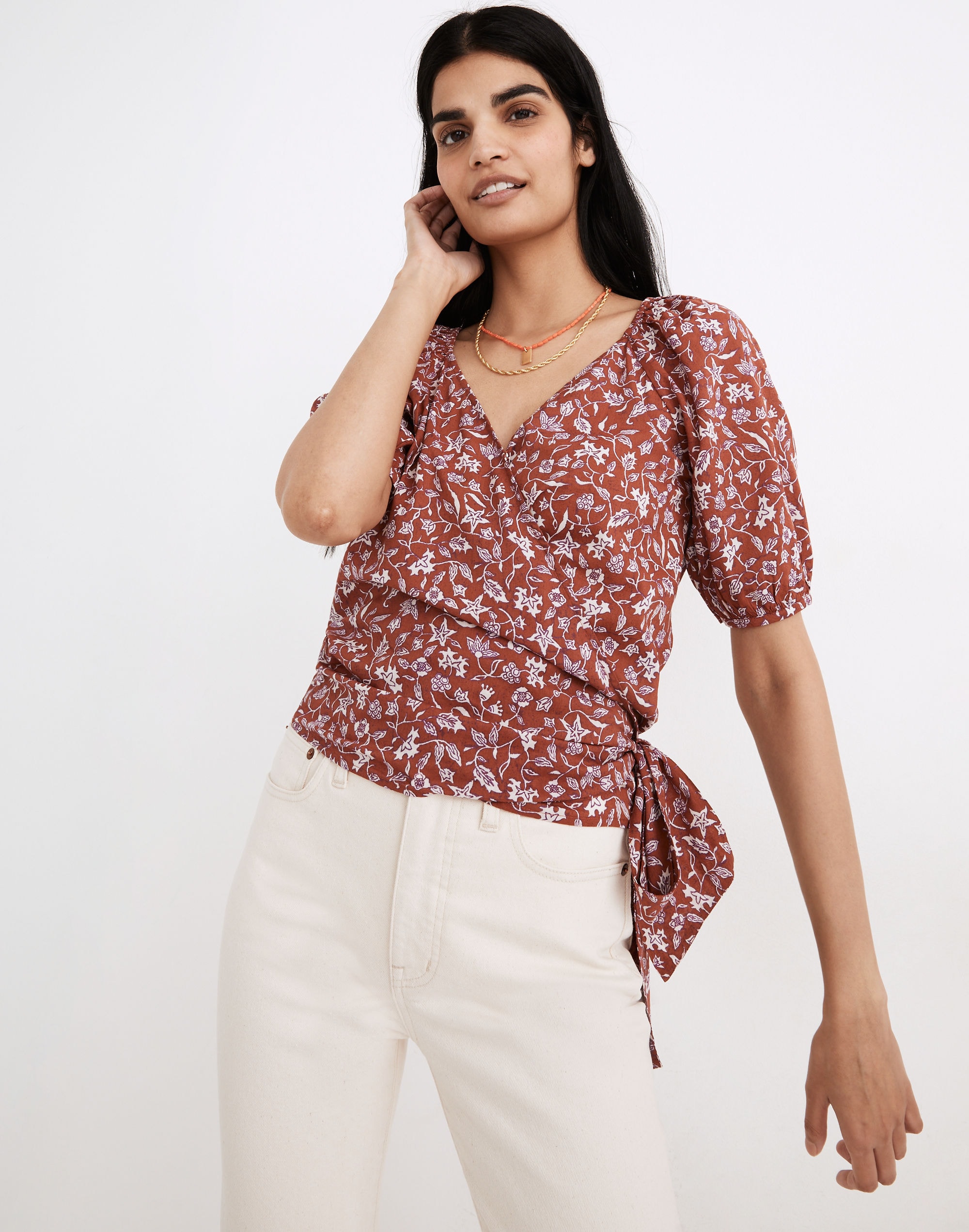 puff-sleeve wrap crop top in batik vine