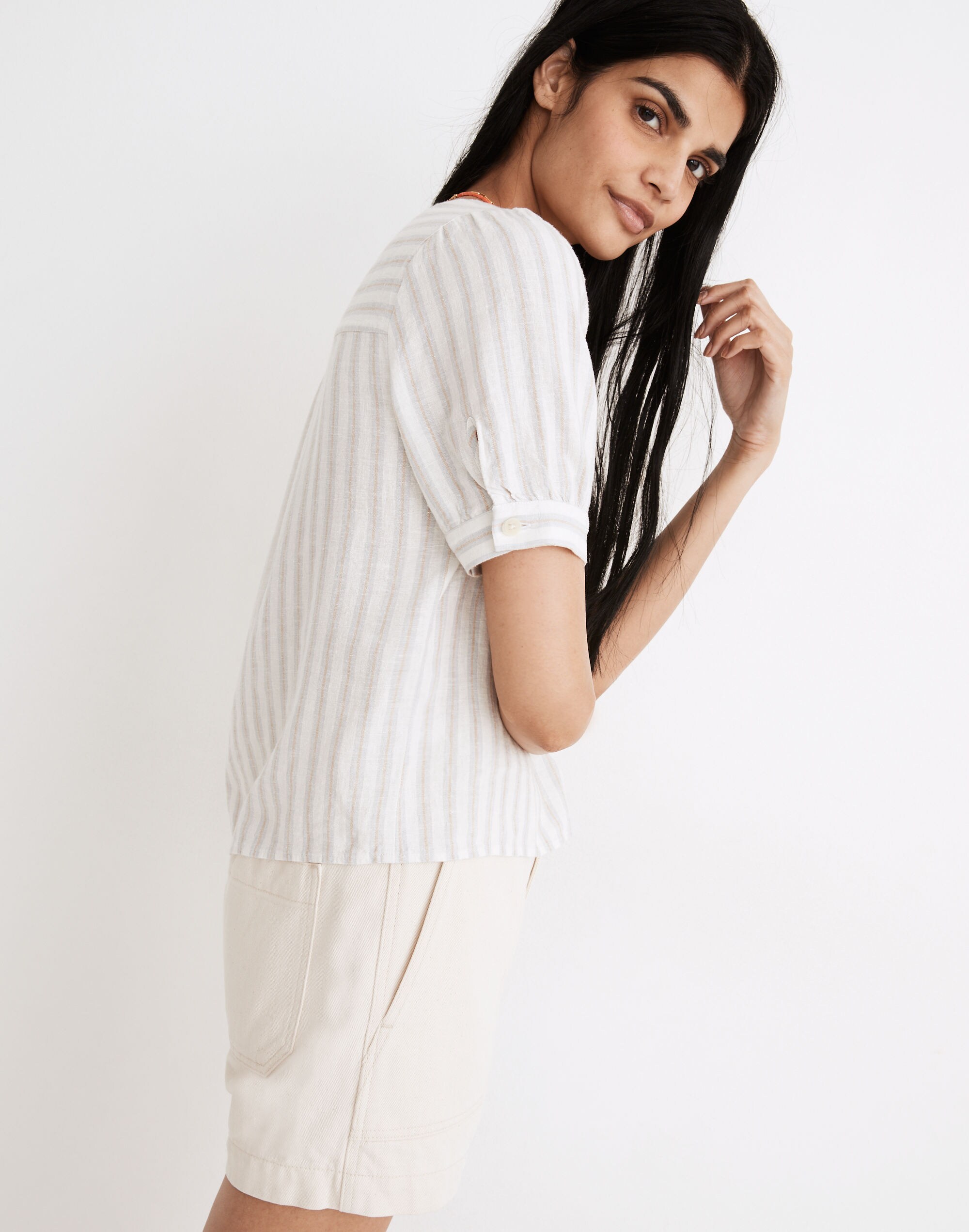Linen-Blend Plaza Button-Front Shirt in Devon Stripe
