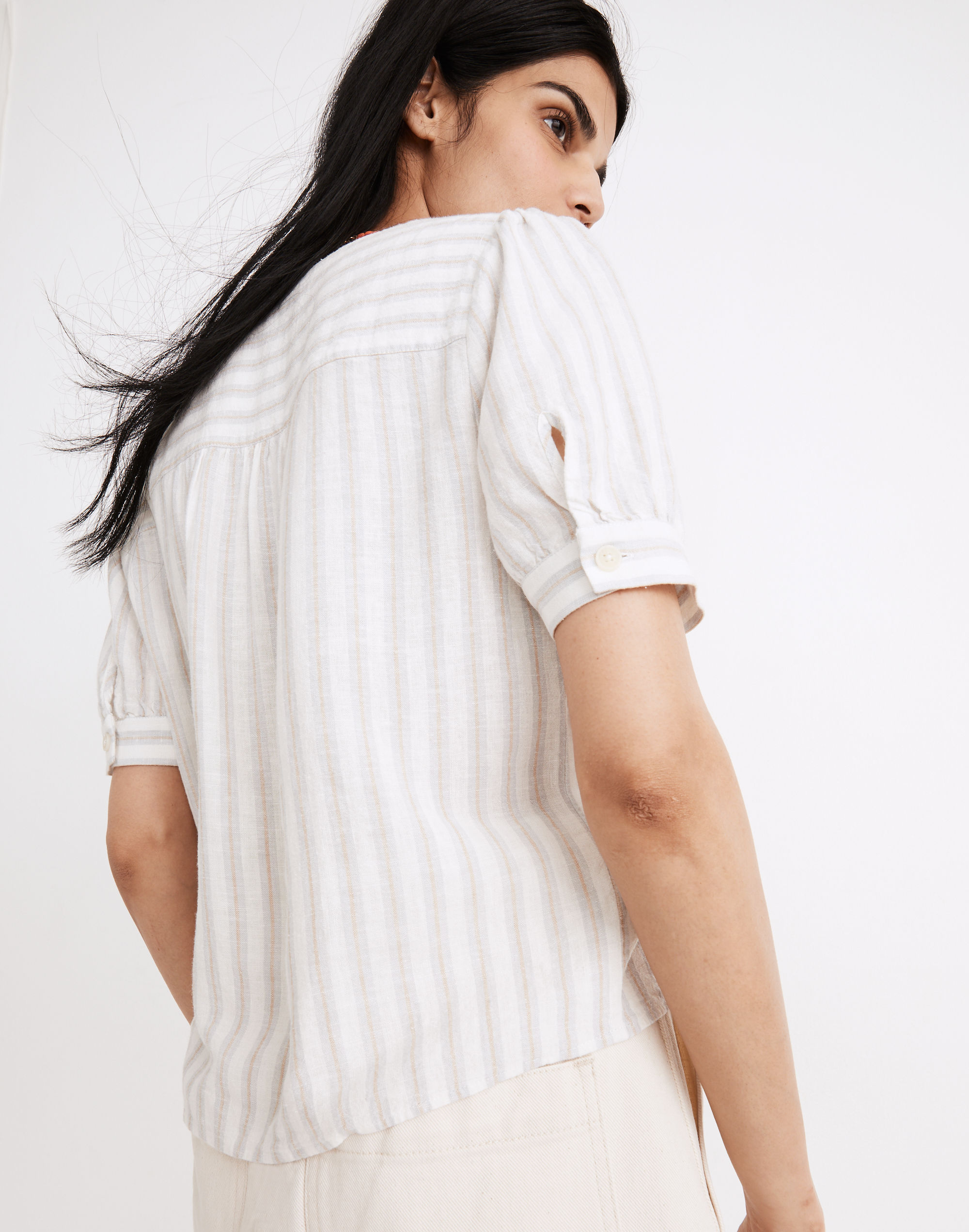 Linen-Blend Plaza Button-Front Shirt in Devon Stripe
