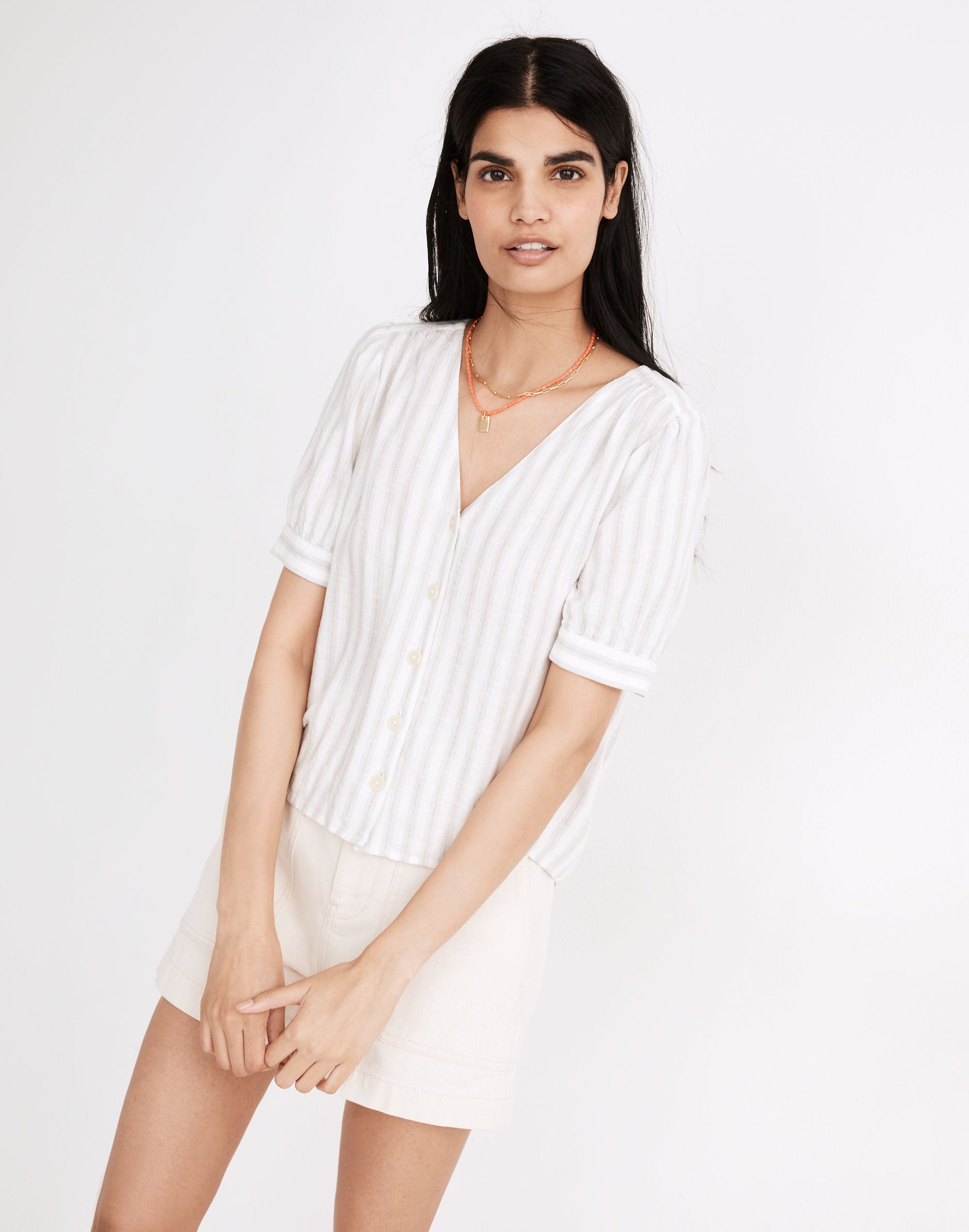 linen-blend plaza button-front shirt in devon stripe
