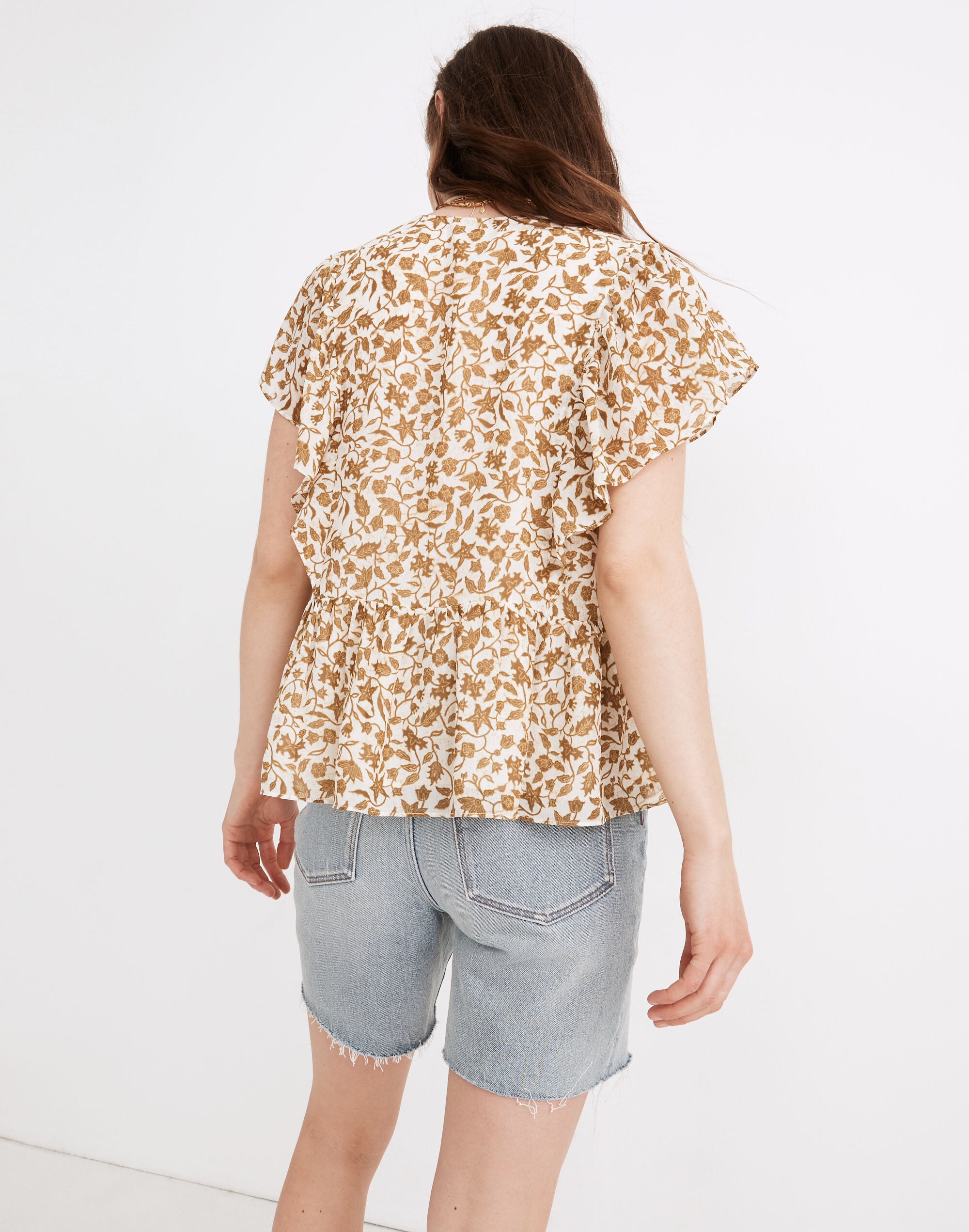 Crinkle Georgette Flutter-Sleeve Peplum Top in Batik Vine