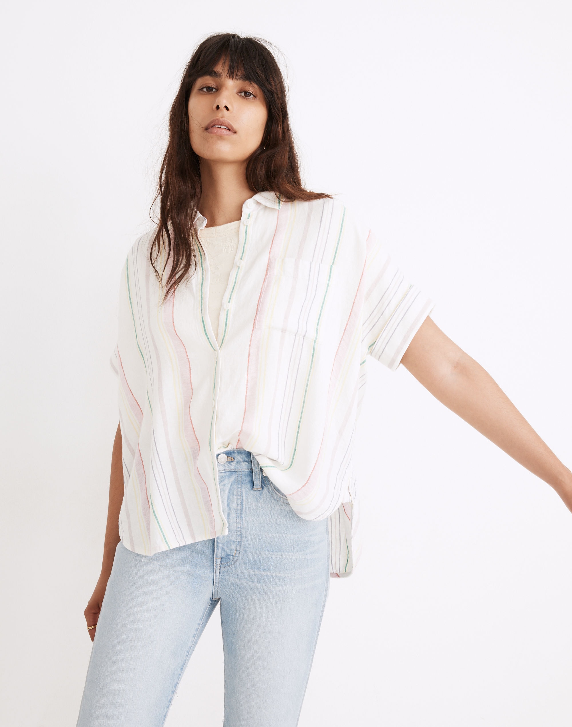 Linen-Blend Daily Shirt in Rainbow Stripe