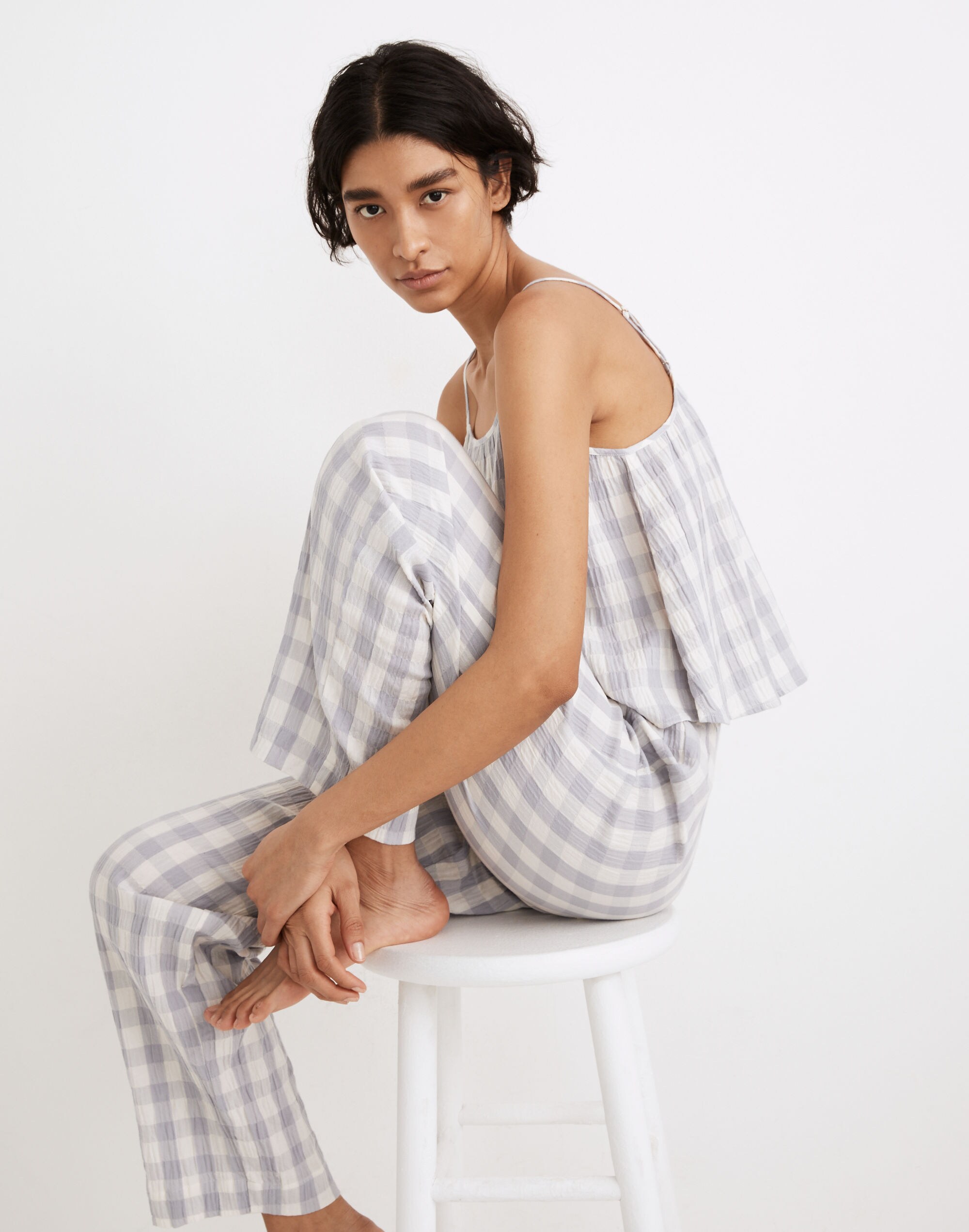 Crinkle Wide-Leg Pajama Pants in Gingham Check