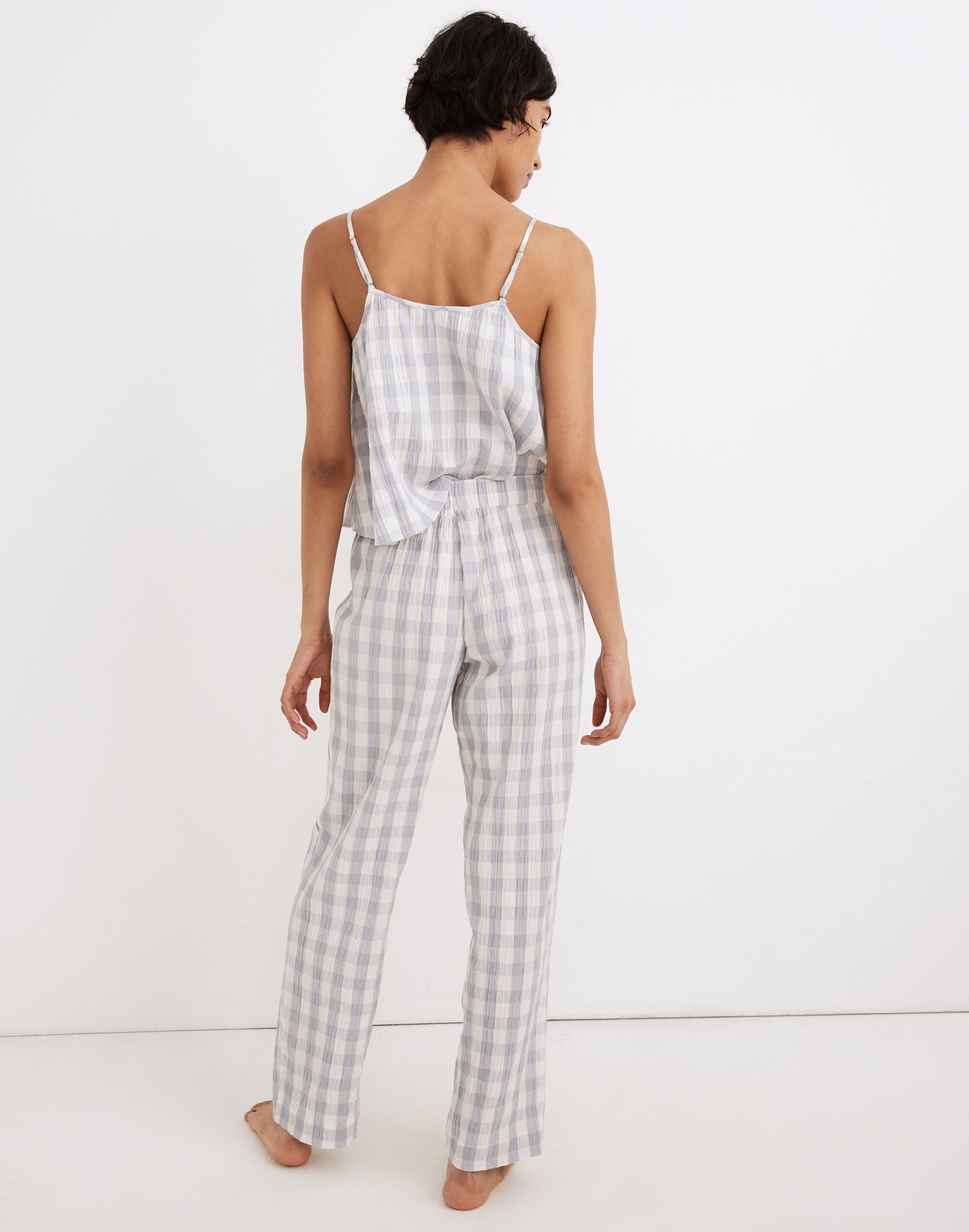 Crinkle Wide-Leg Pajama Pants in Gingham Check