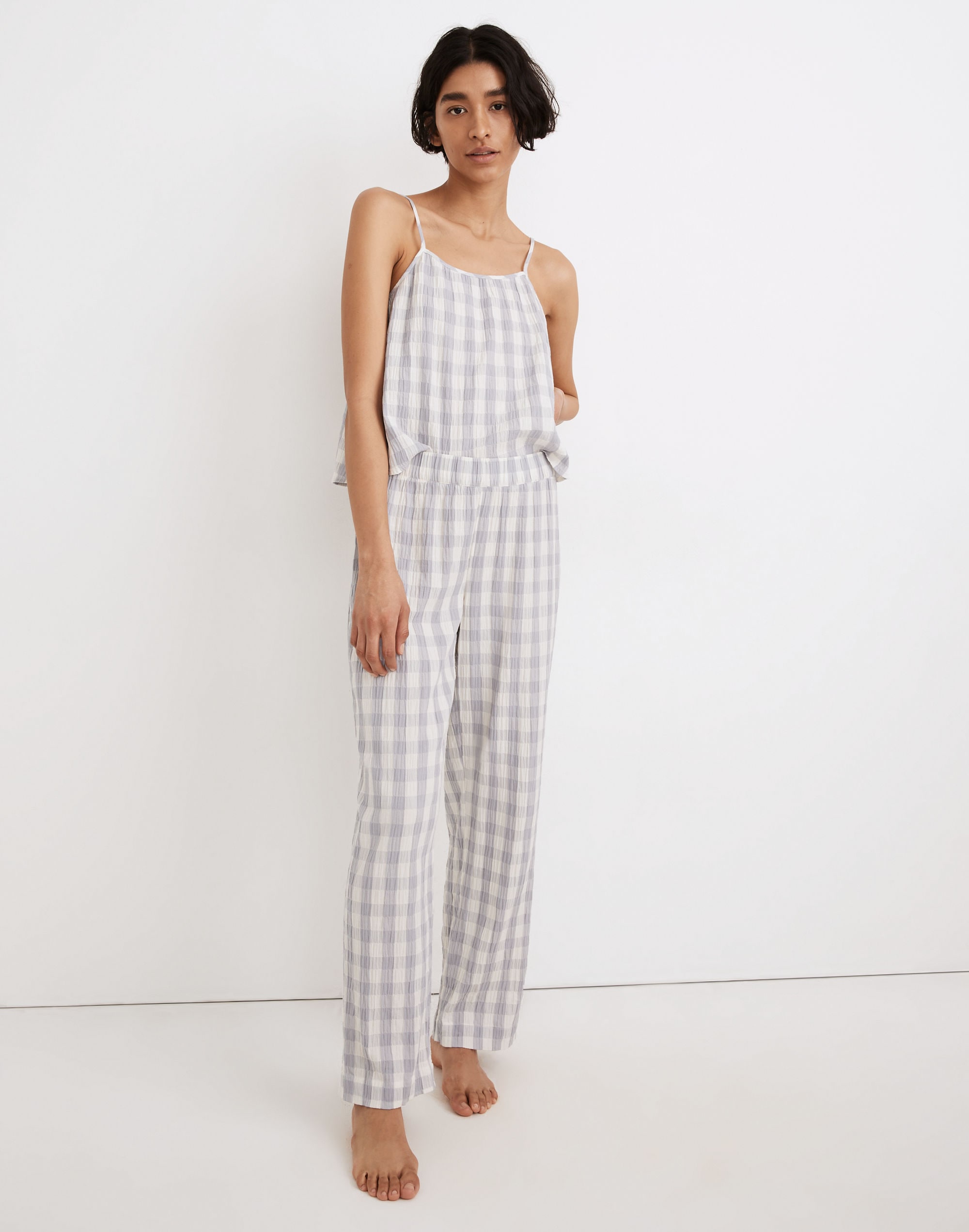 Crinkle Wide-Leg Pajama Pants in Gingham Check
