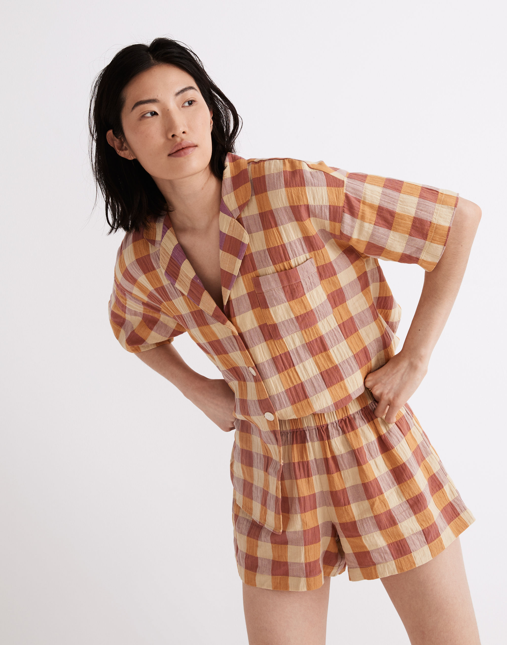 Crinkle Oversized Pajama Shorts in Gingham Check
