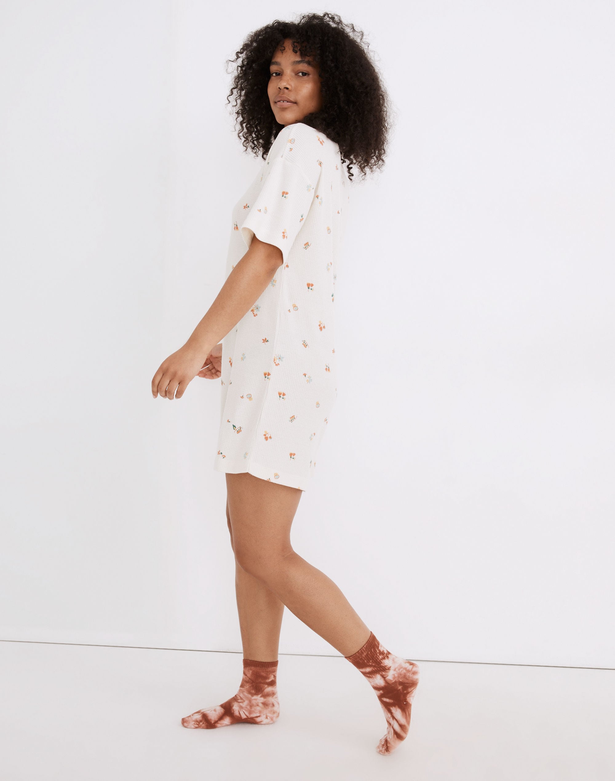 Waffle Knit Henley Pajama Romper in Floral Reef