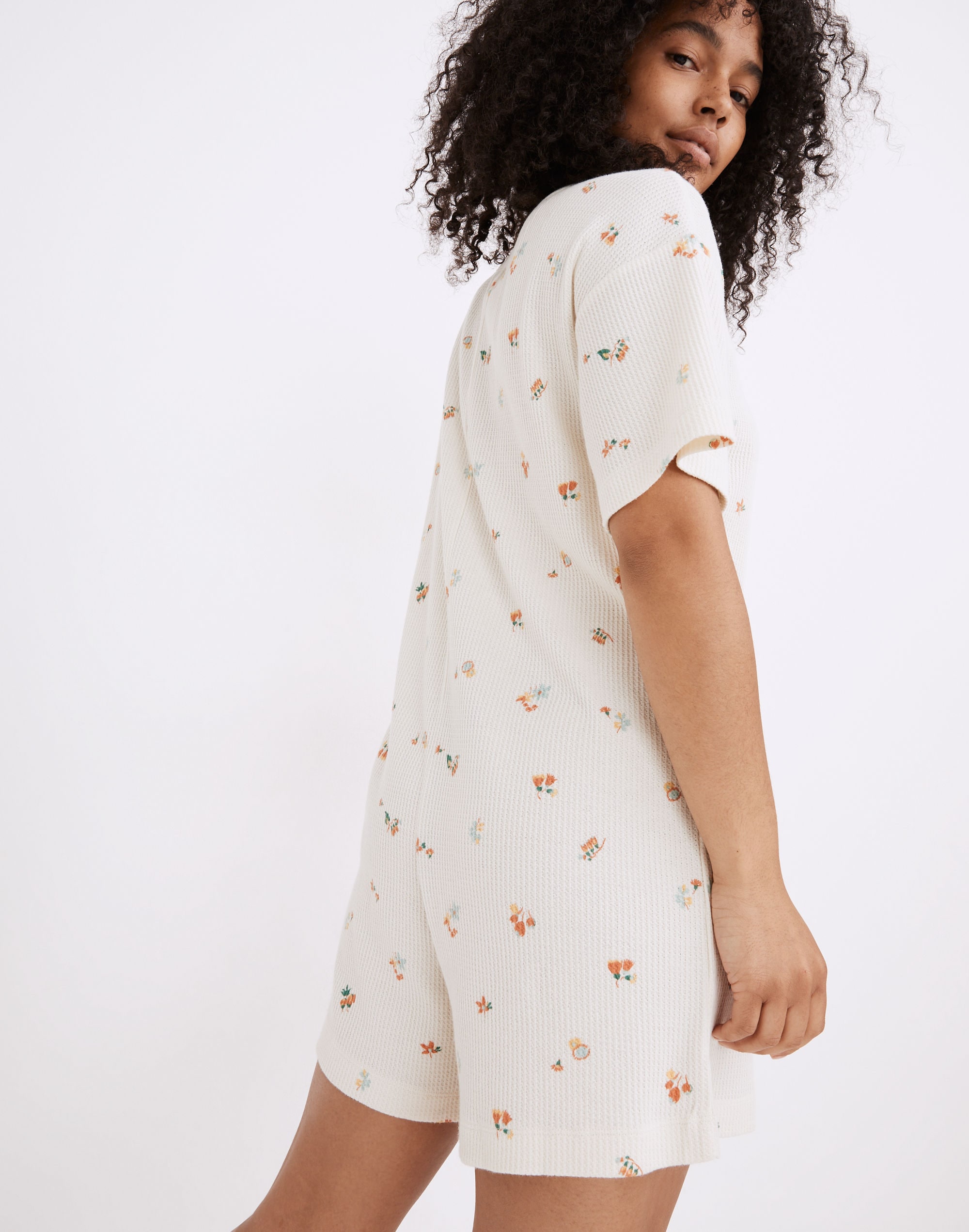 Waffle Knit Henley Pajama Romper in Floral Reef