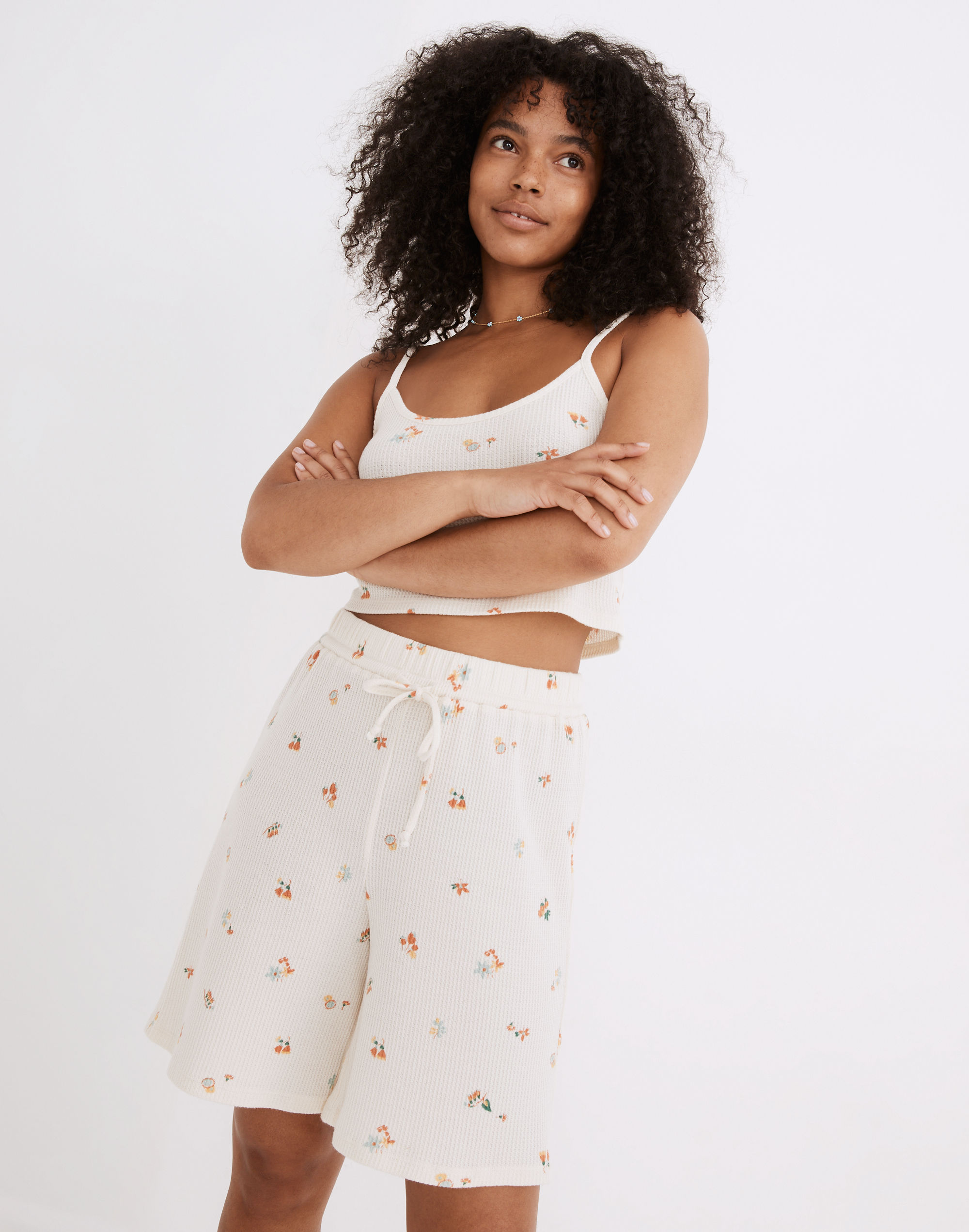 Waffle Knit Long Pajama Shorts in Floral Reef