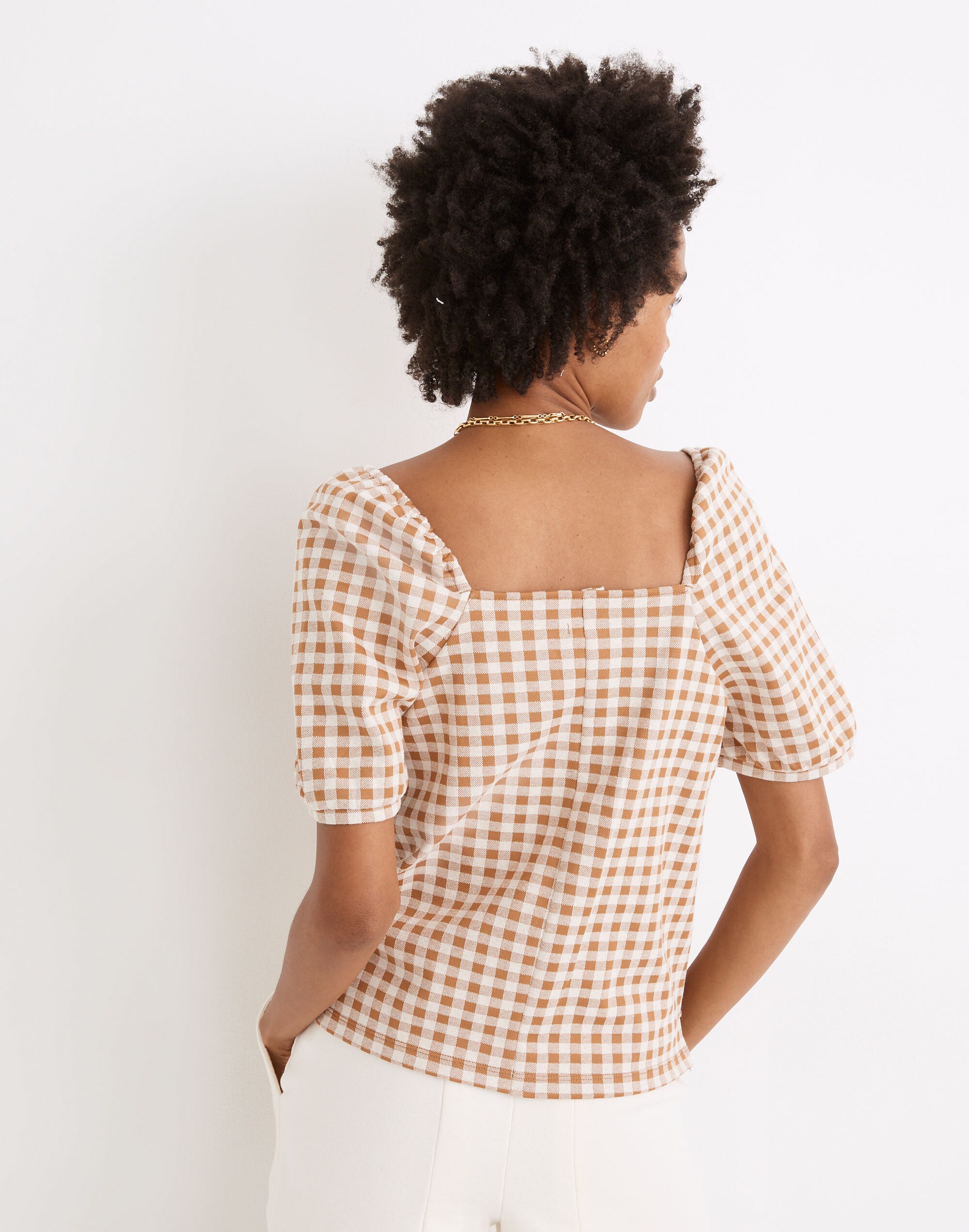 Gingham Jacquard Square-Neck Puff-Sleeve Top