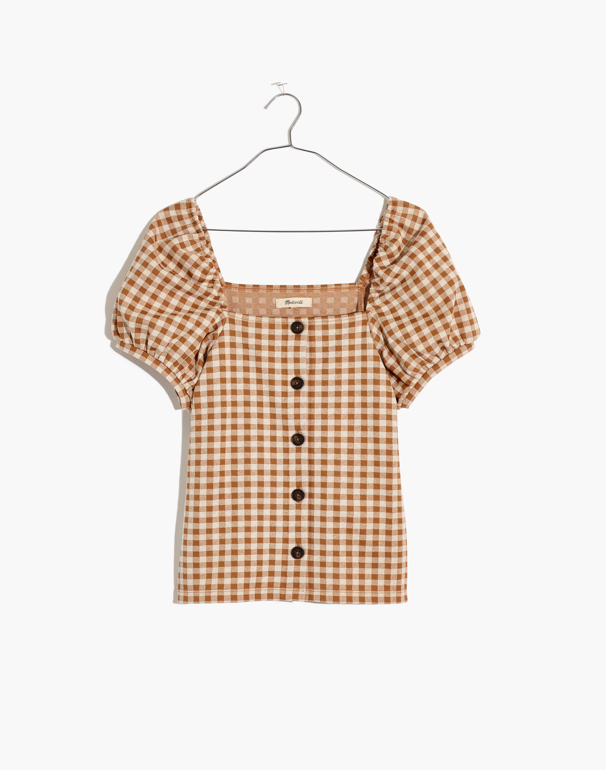 Gingham Jacquard Square-Neck Puff-Sleeve Top