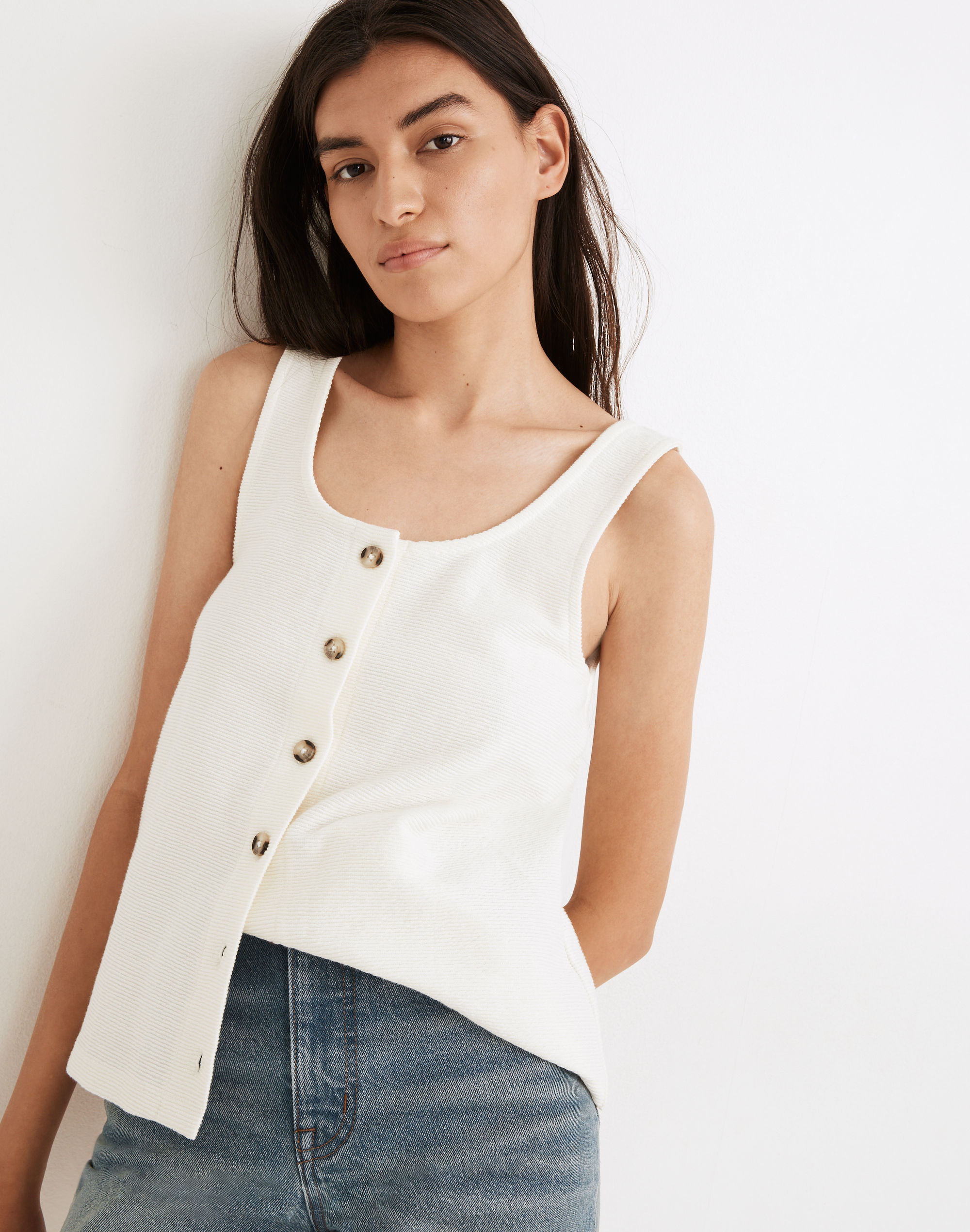 Ottoman Jacquard Button-Front Tank