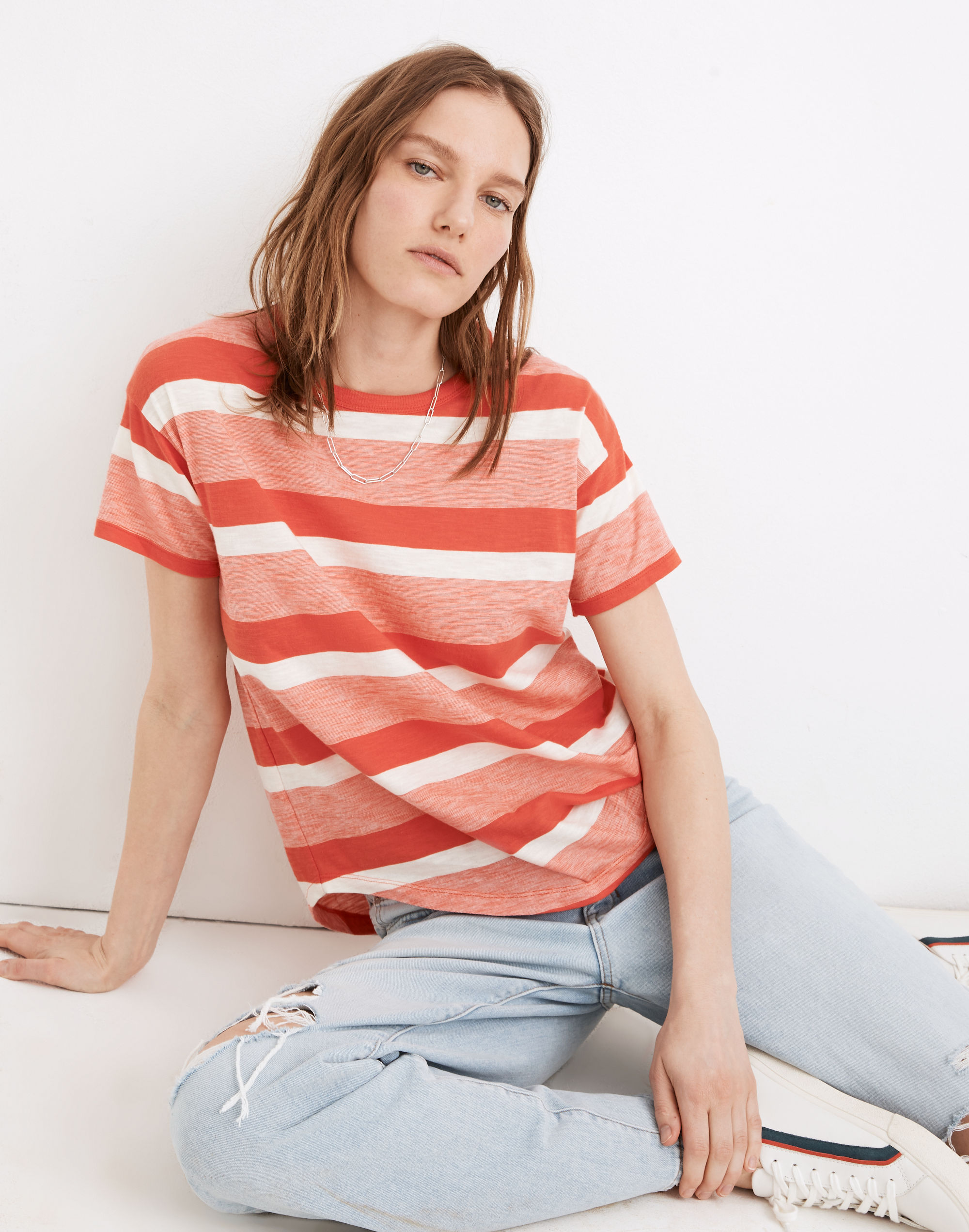 Whisper Cotton Rib-Crewneck Tee in Milner Stripe