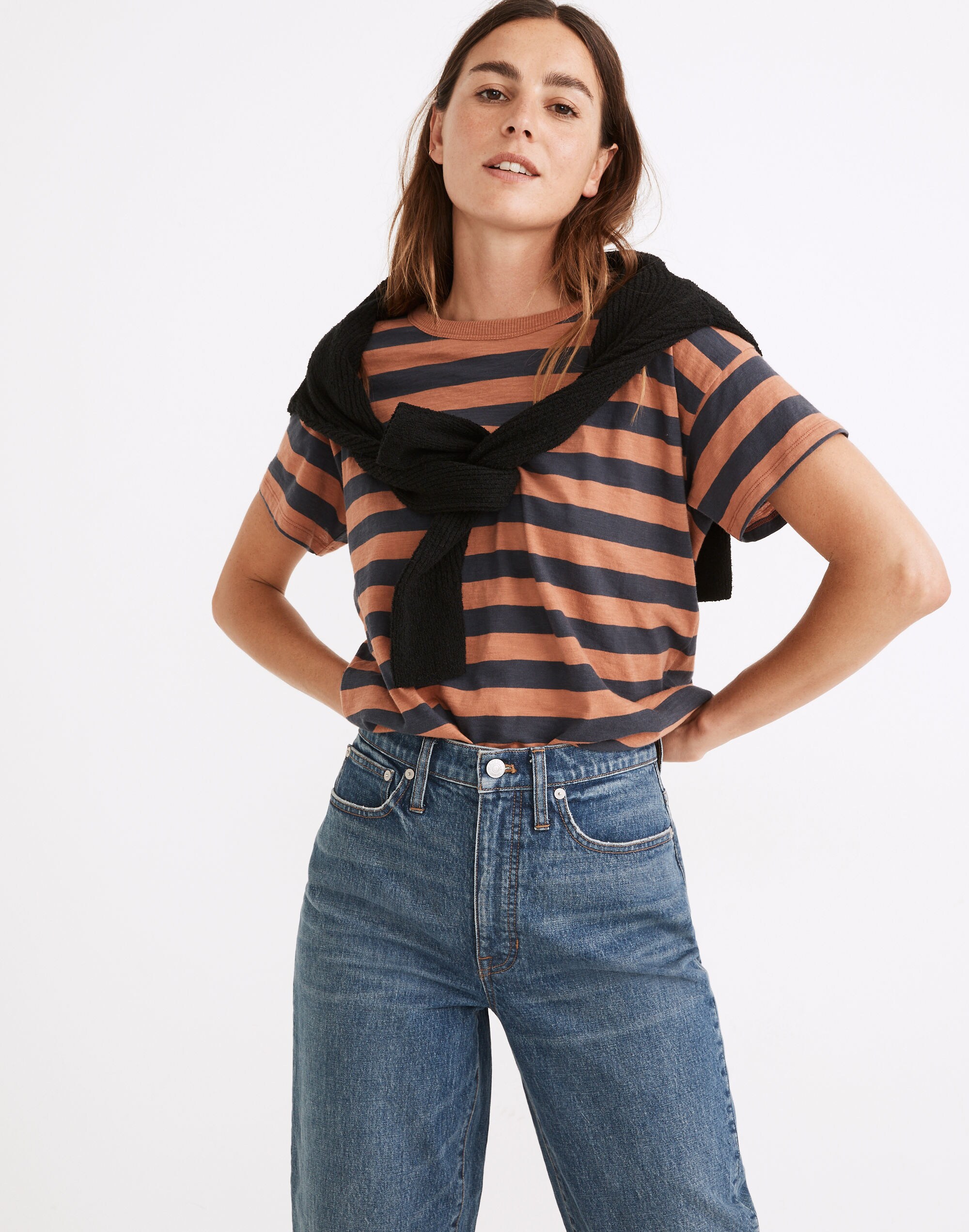 Whisper Cotton Rib-Crewneck Tee in Bastian Stripe