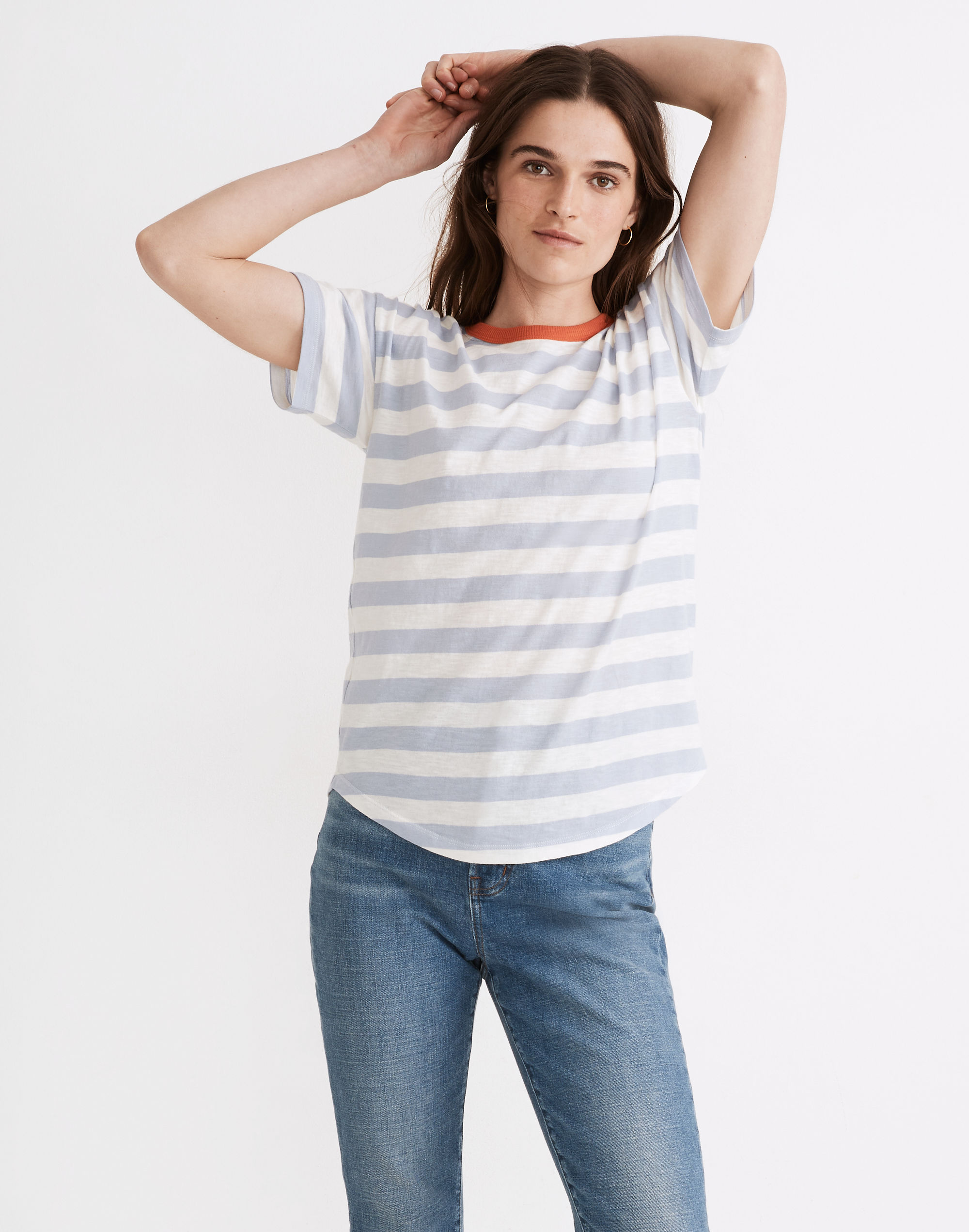 whisper cotton rib-crewneck ringer tee in bastian stripe