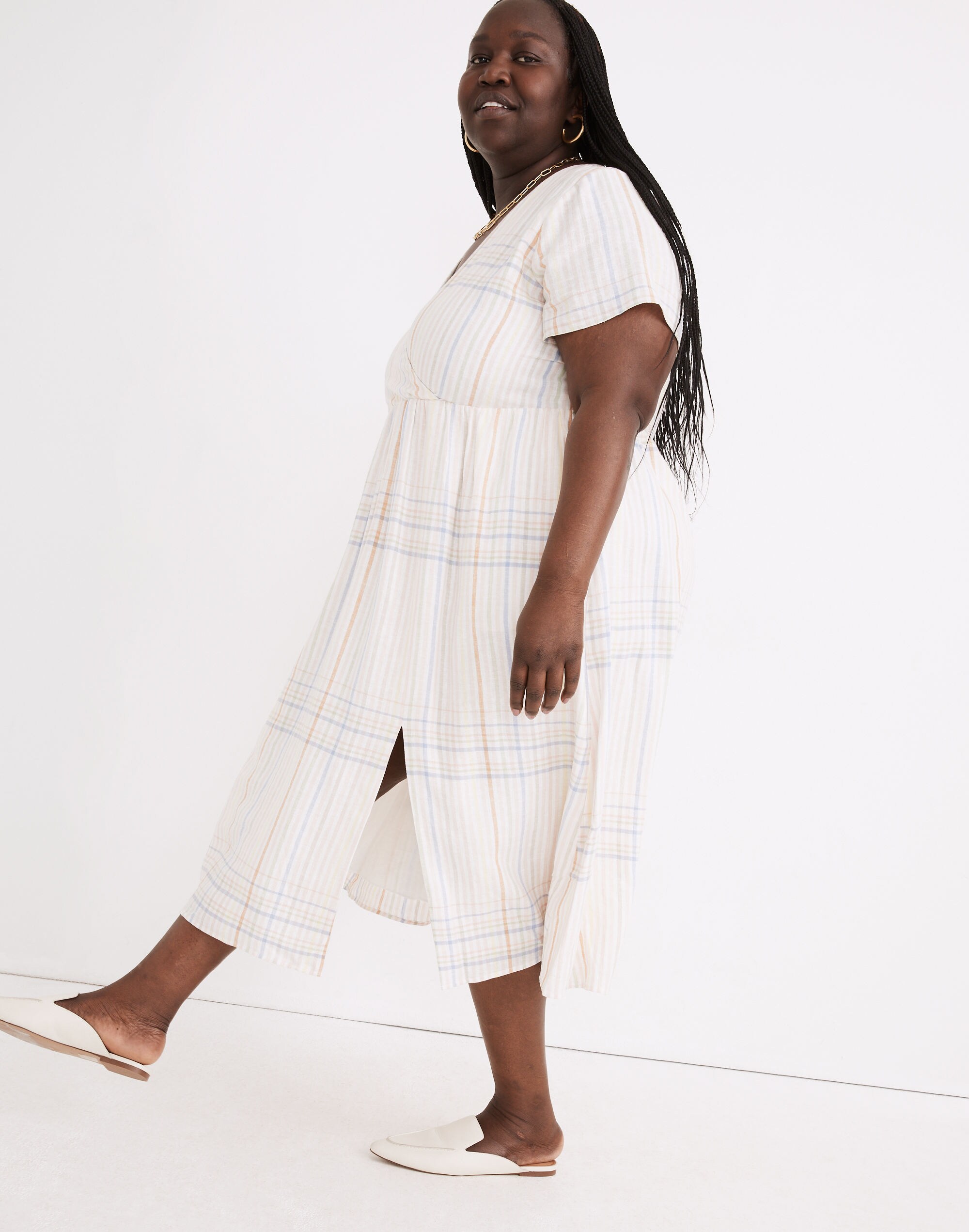 Plus Linen-Blend Clara Midi Dress in Plaid