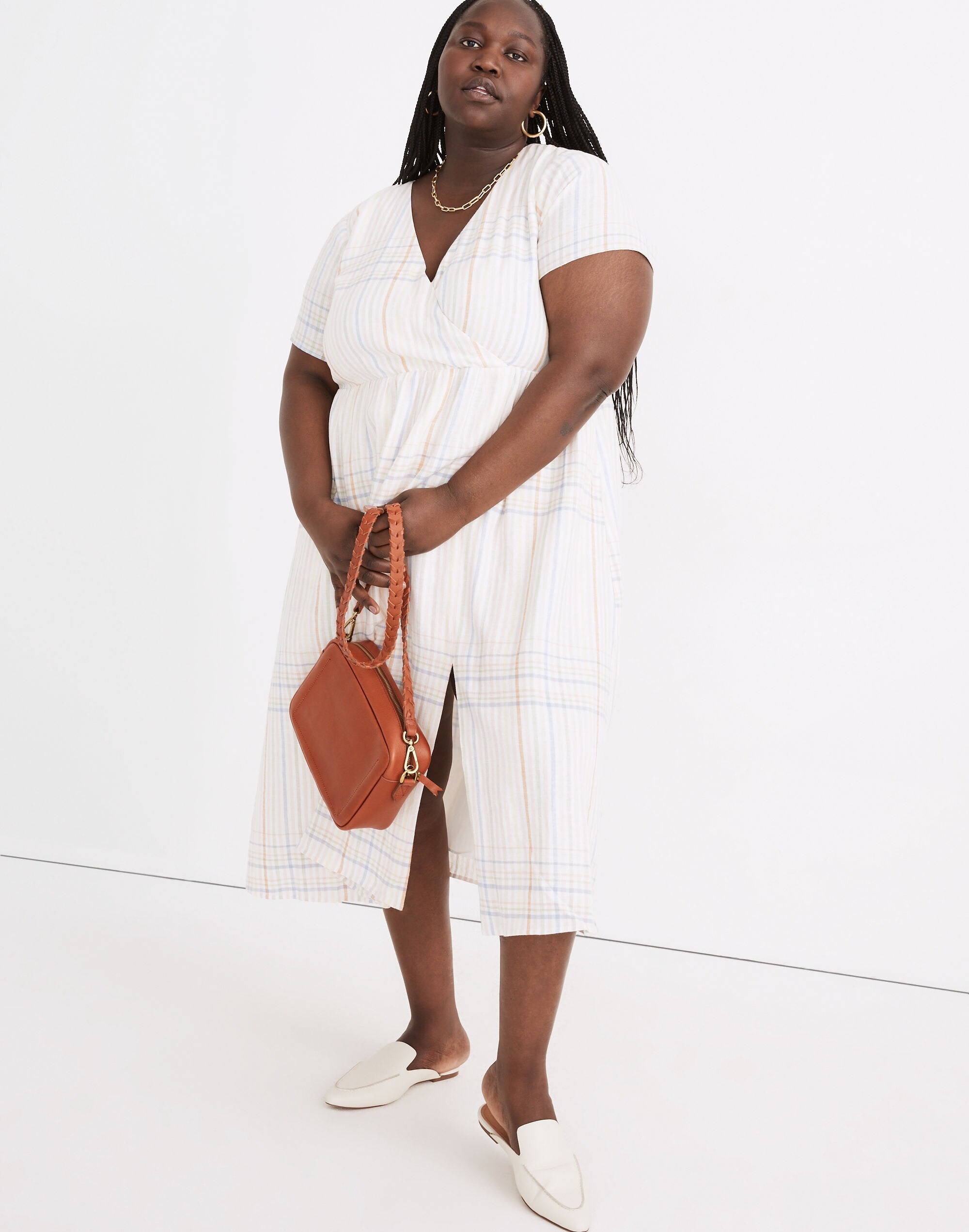 Plus Linen-Blend Clara Midi Dress in Plaid