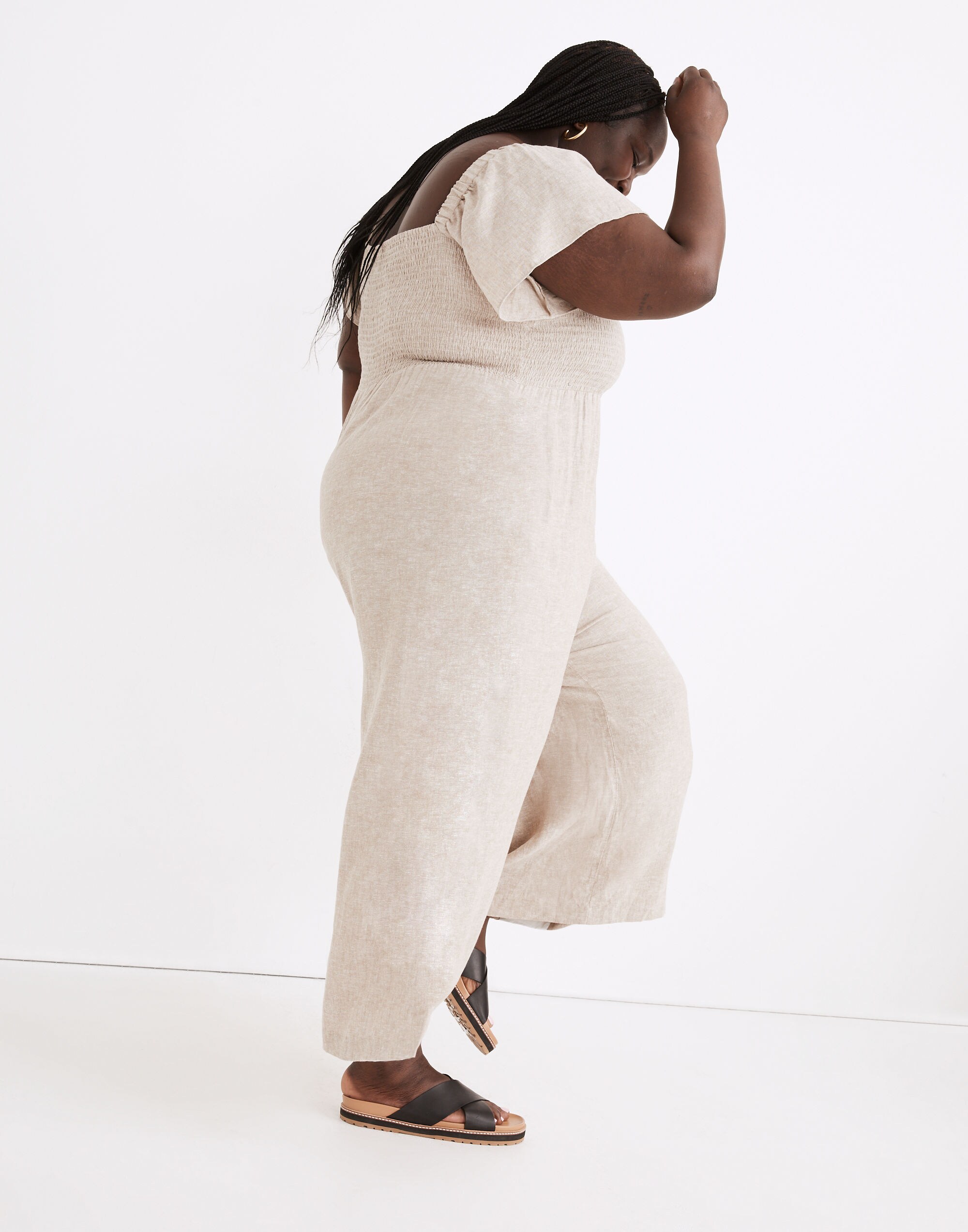 Plus Linen-Blend Lucie Smocked Wide-Leg Jumpsuit