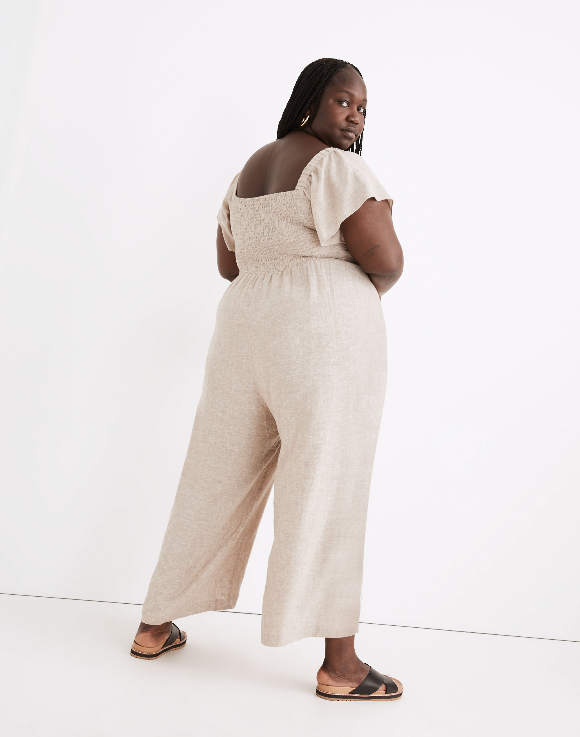 Plus Linen-Blend Lucie Smocked Wide-Leg Jumpsuit