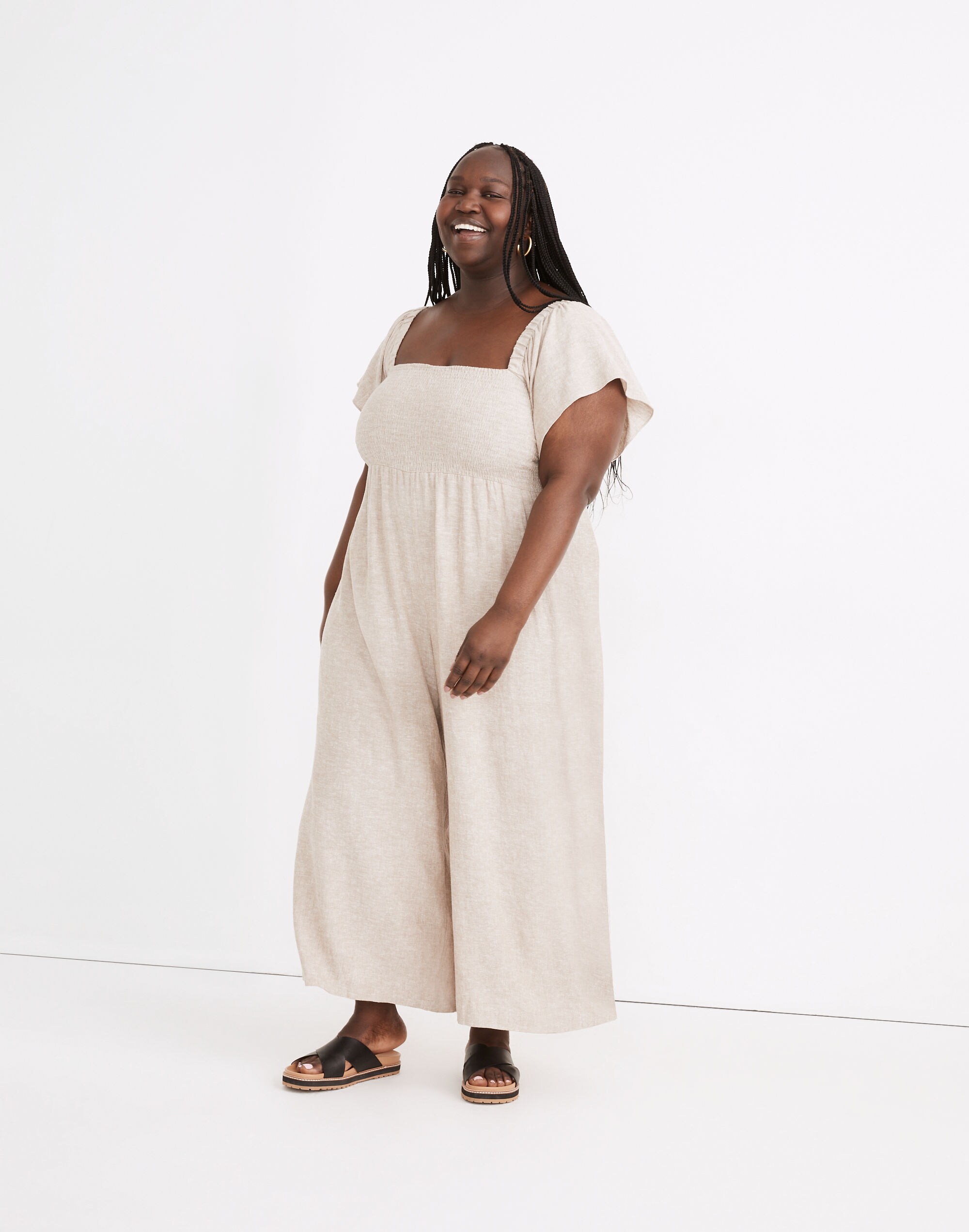 Plus Linen-Blend Lucie Smocked Wide-Leg Jumpsuit
