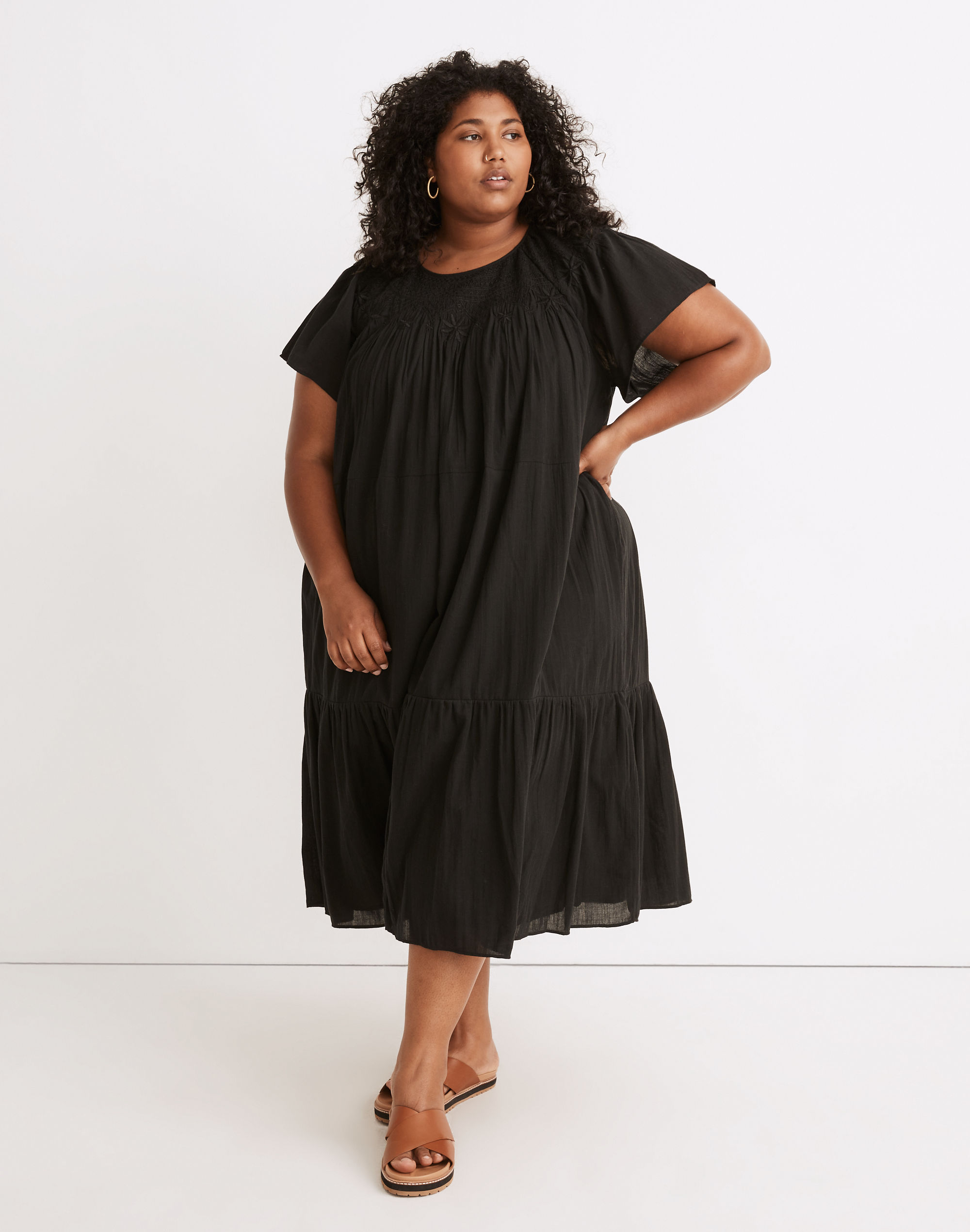 plus embroidered smocked midi dress