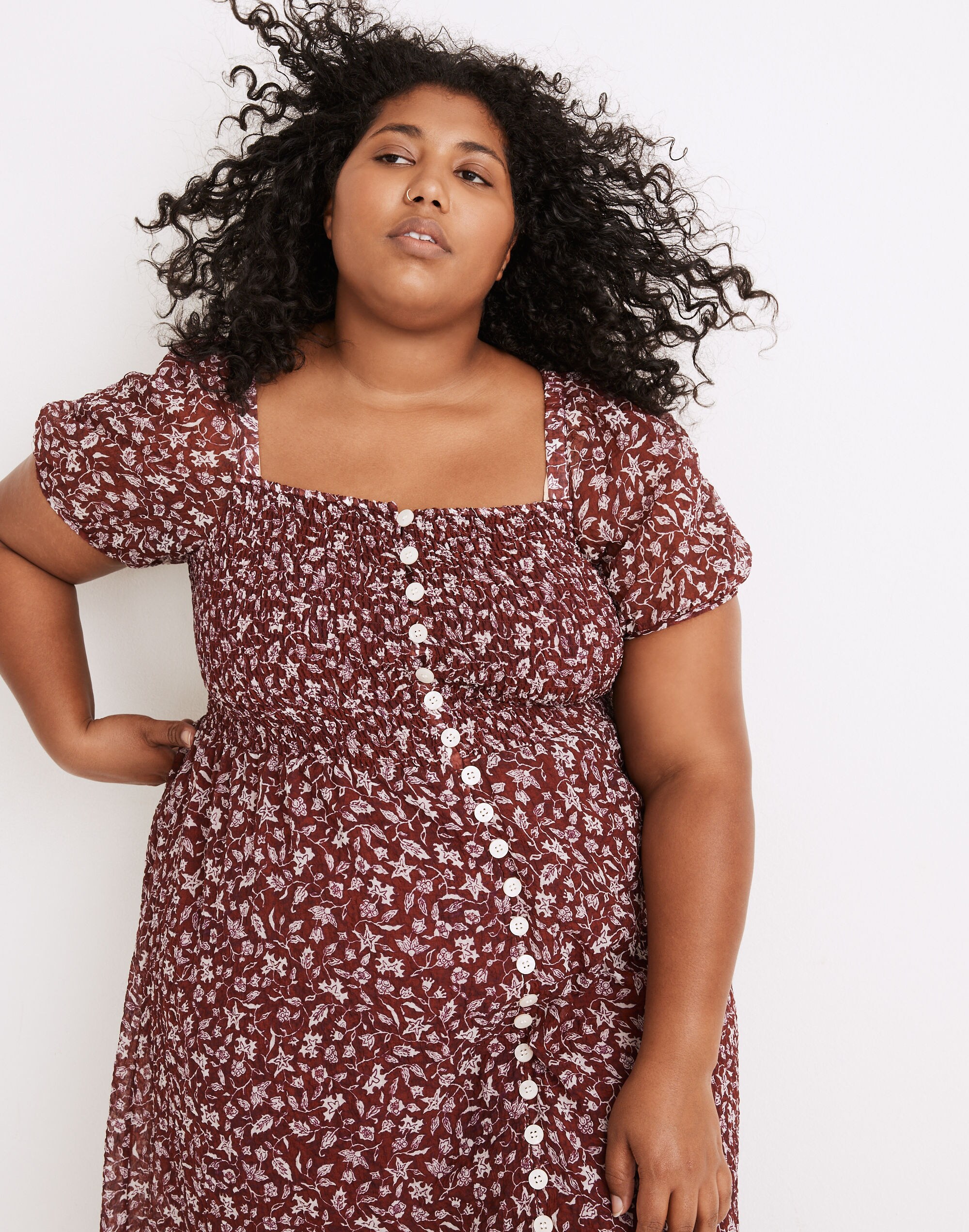 Plus Lucie Smocked Button-Front Midi Dress in Batik Vine