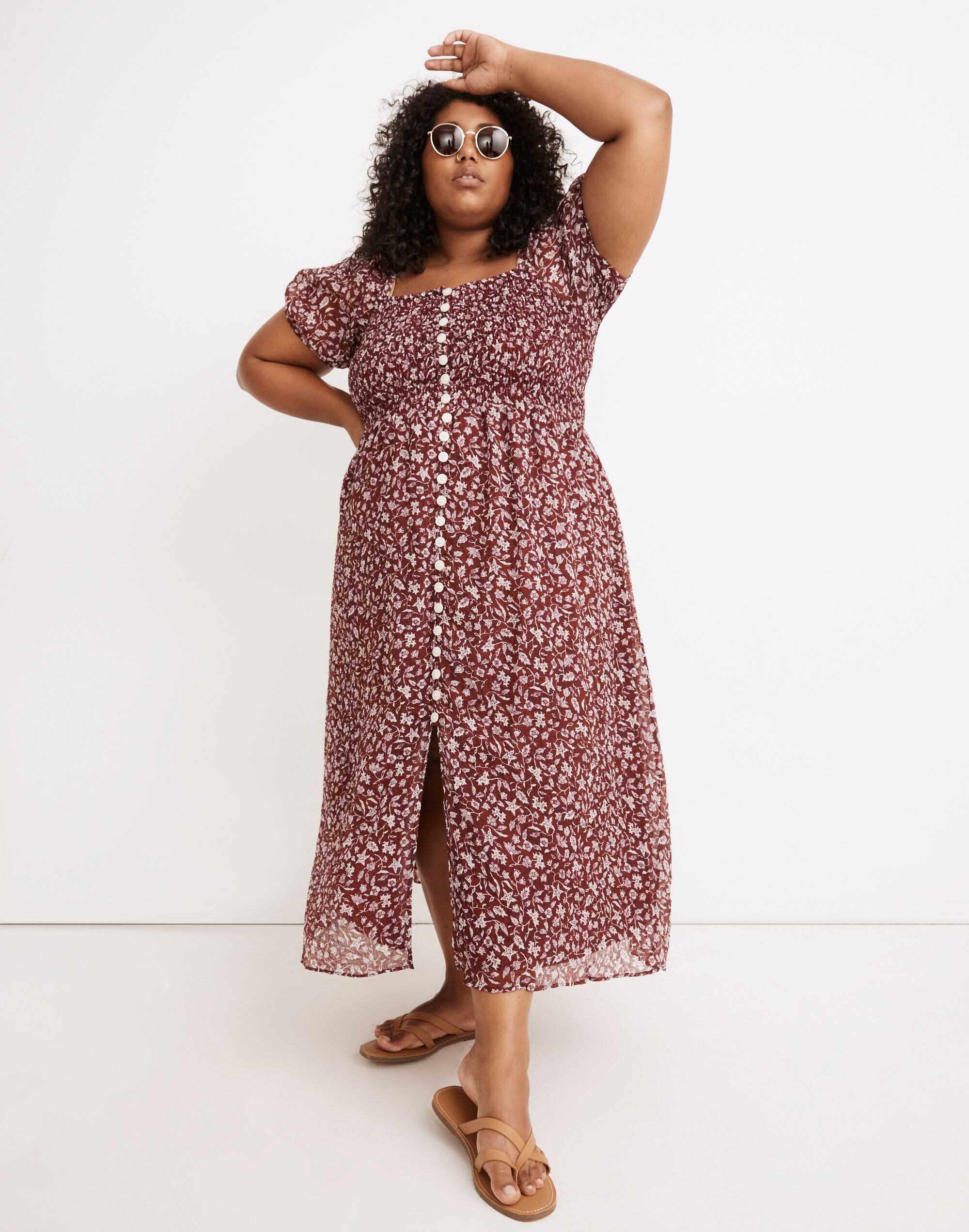 Plus Lucie Smocked Button-Front Midi Dress in Batik Vine