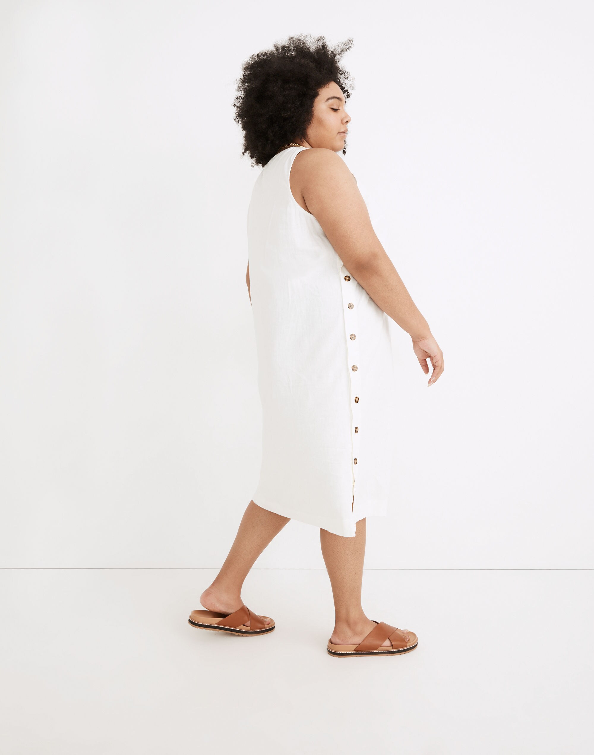 Plus Linen-Cotton Side-Button Midi Dress