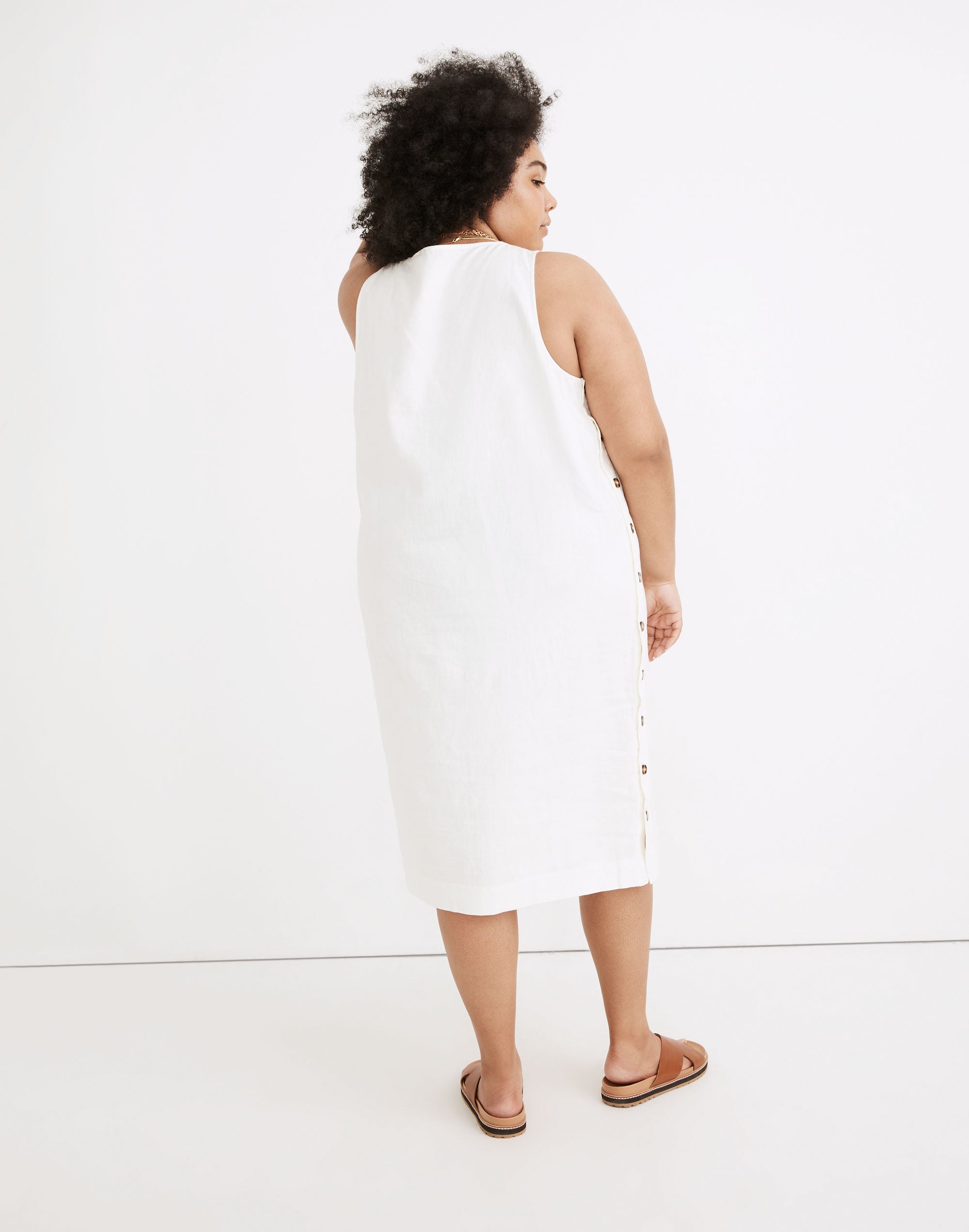 Plus Linen-Cotton Side-Button Midi Dress