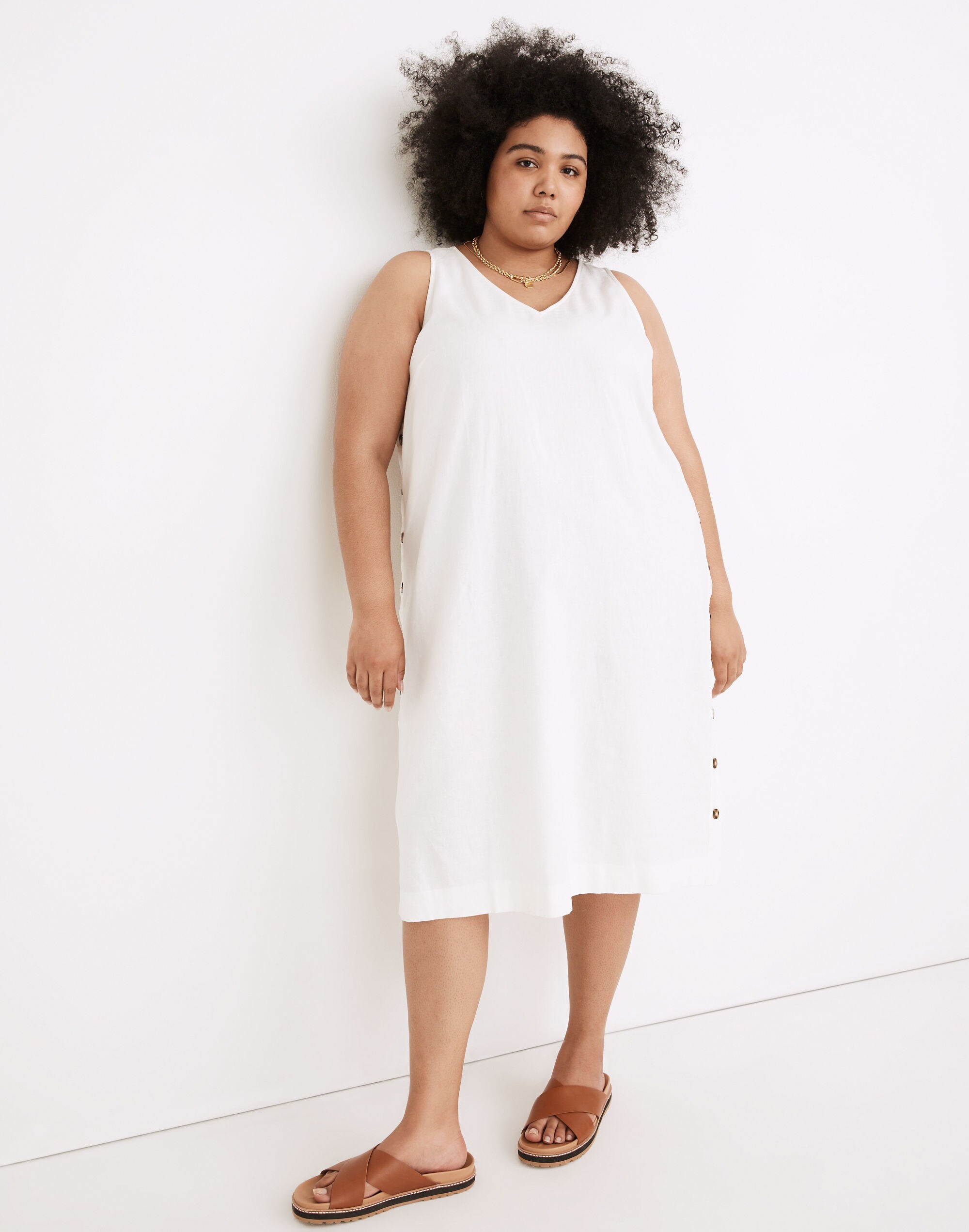 Plus Linen-Cotton Side-Button Midi Dress