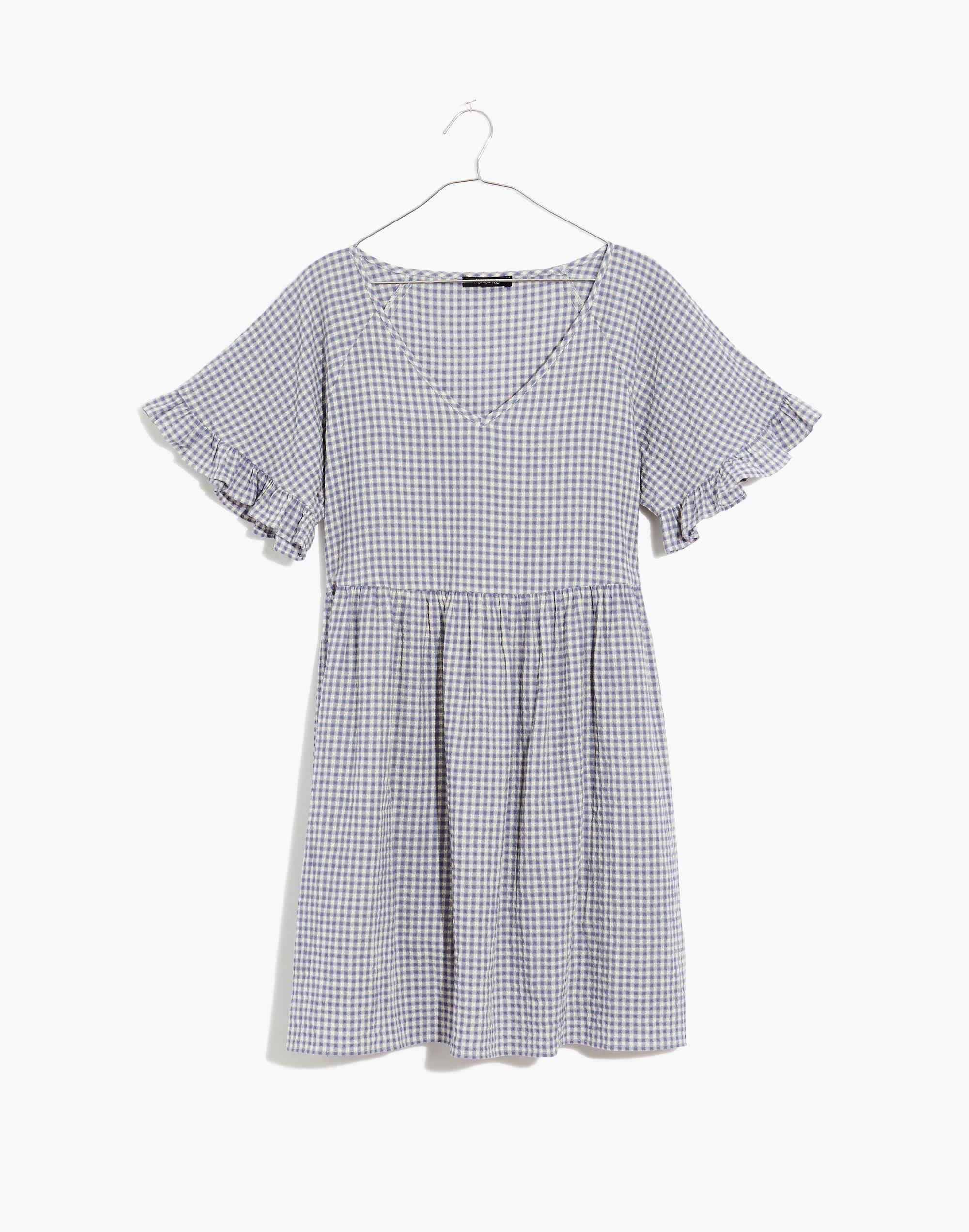 plus ruffle-sleeve babydoll dress in seersucker gingham