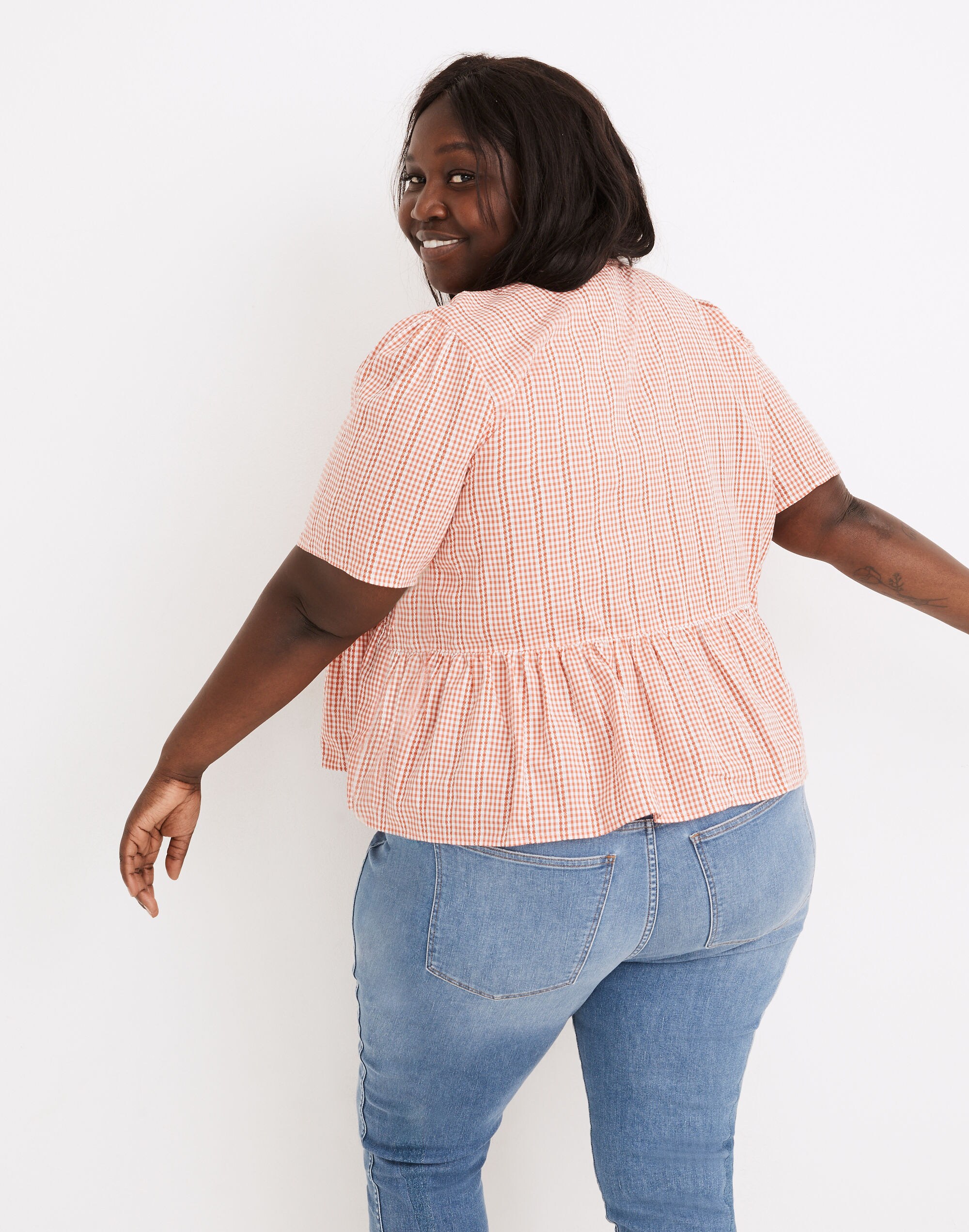 Plus Crossover Peplum Top in Textured Gingham Check